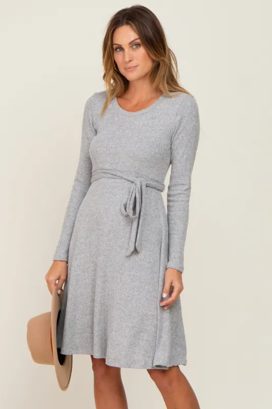 Heather Grey Soft Rib Knit Sash Tie Dress sold by Pinkblush