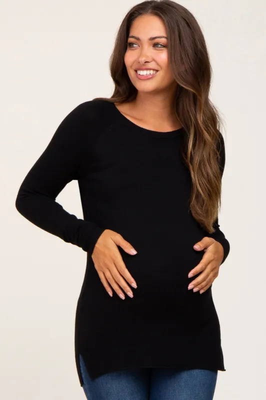 Black Ribbed Knit Side Slit Maternity Sweater sold by Pinkblush