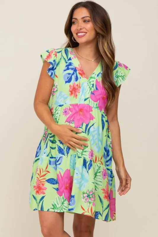Mint Green Tropical Floral Print Maternity Dress sold by Pinkblush