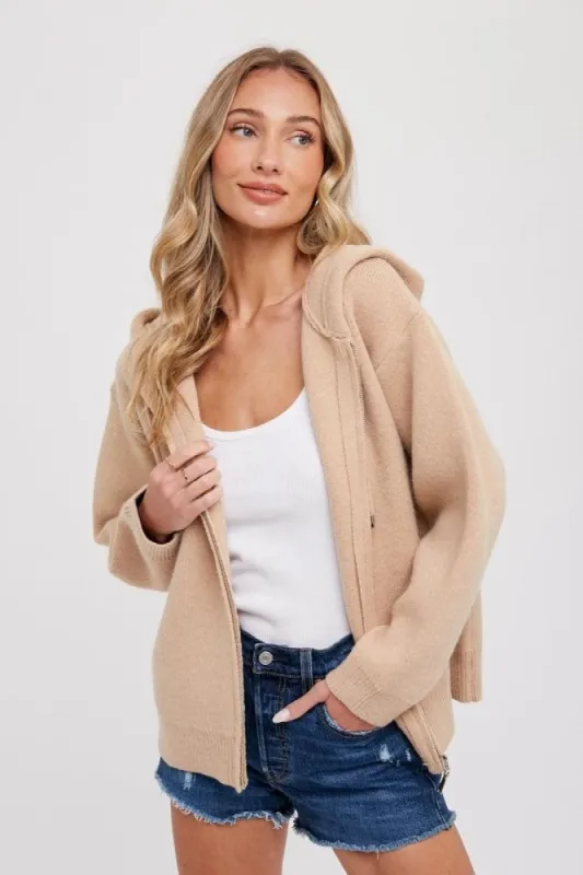 Taupe Zip Up Hooded Cardigan sold by Pinkblush