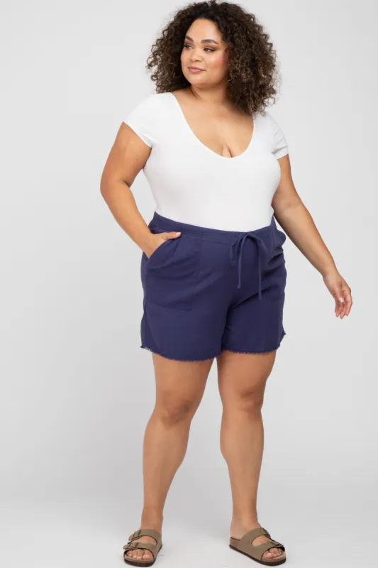 Navy Blue Linen Fringe Hem Drawstring Maternity Plus Shorts sold by Pinkblush