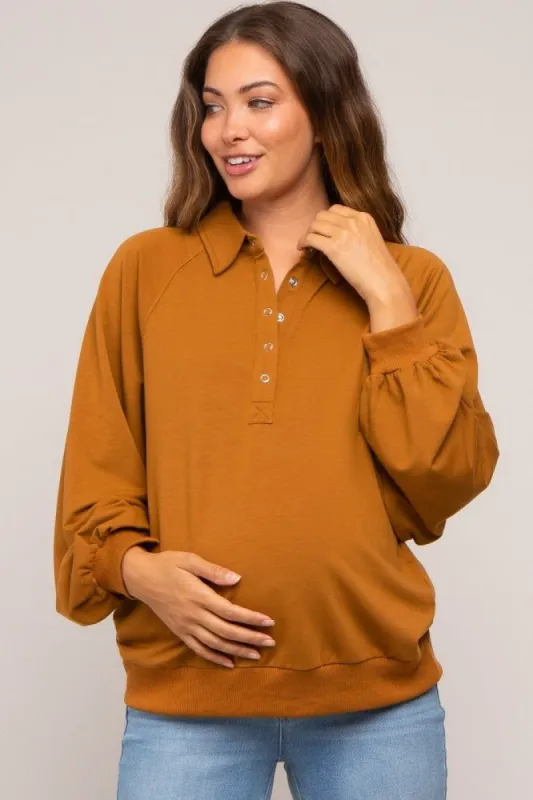 Camel Oversized Snap Button Collared Maternity Top made by Pinkblush