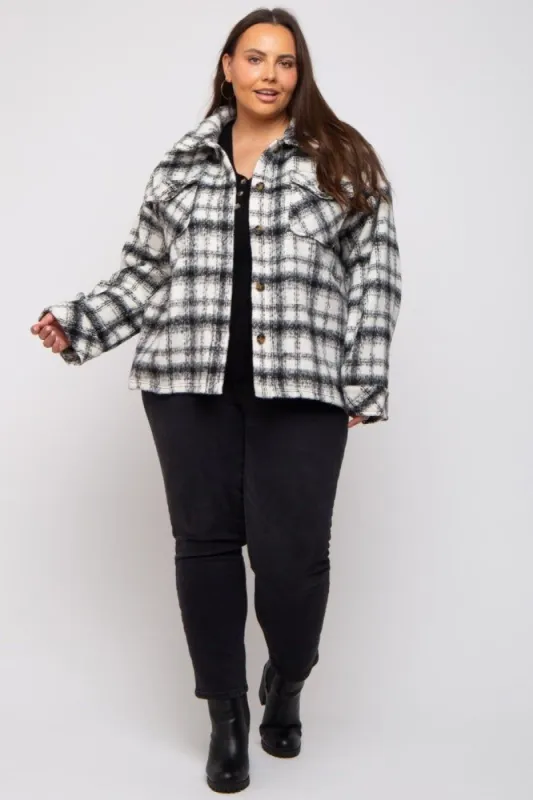 Ivory Plaid Plus Shirt Jacket sold by Pinkblush