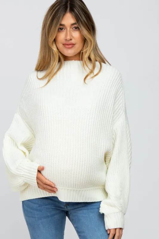 Cream Mock Neck Puff Sleeve Maternity Sweater sold by Pinkblush