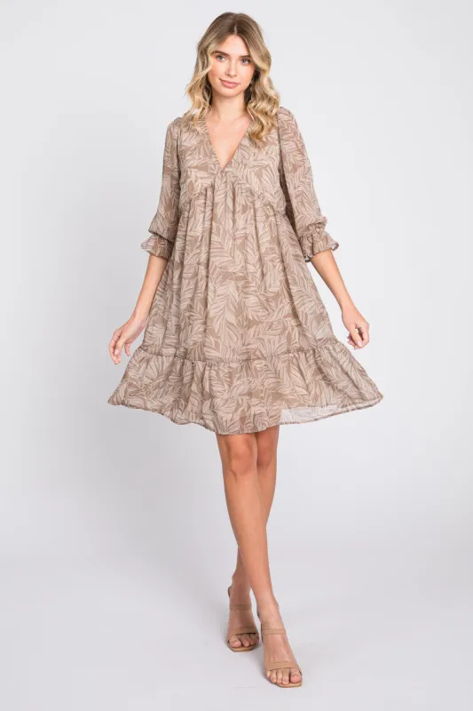 Mocha Leaf Print Chiffon 3/4 Sleeve Dress made by Pinkblush