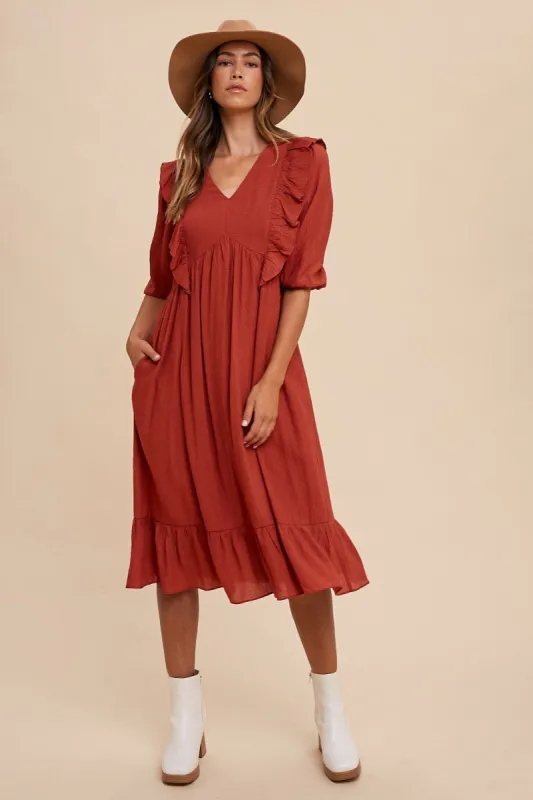 Rust Ruffle Detail Babydoll Woven Midi Dress sold by Pinkblush