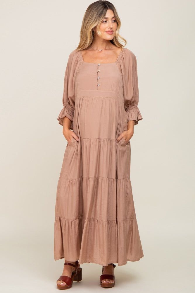 Mocha Square Neck Button Front 3/4 Bell Sleeve Maternity Maxi Dress sold by Pinkblush product image thumbnail 2