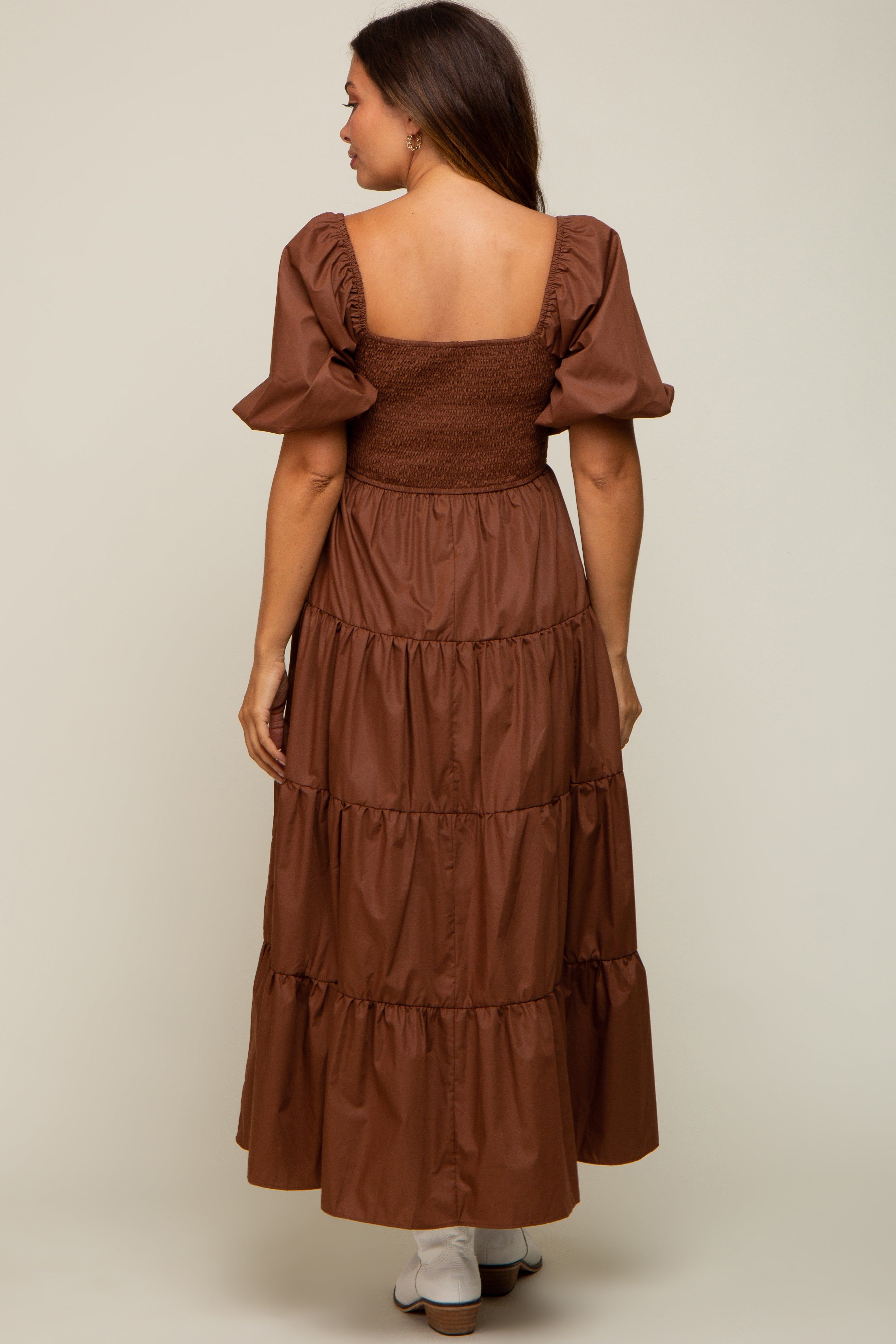 Brown Square Neck Smocked Puff Short Sleeve Tiered Maternity Midi Dress sold by Pinkblush product image thumbnail 4