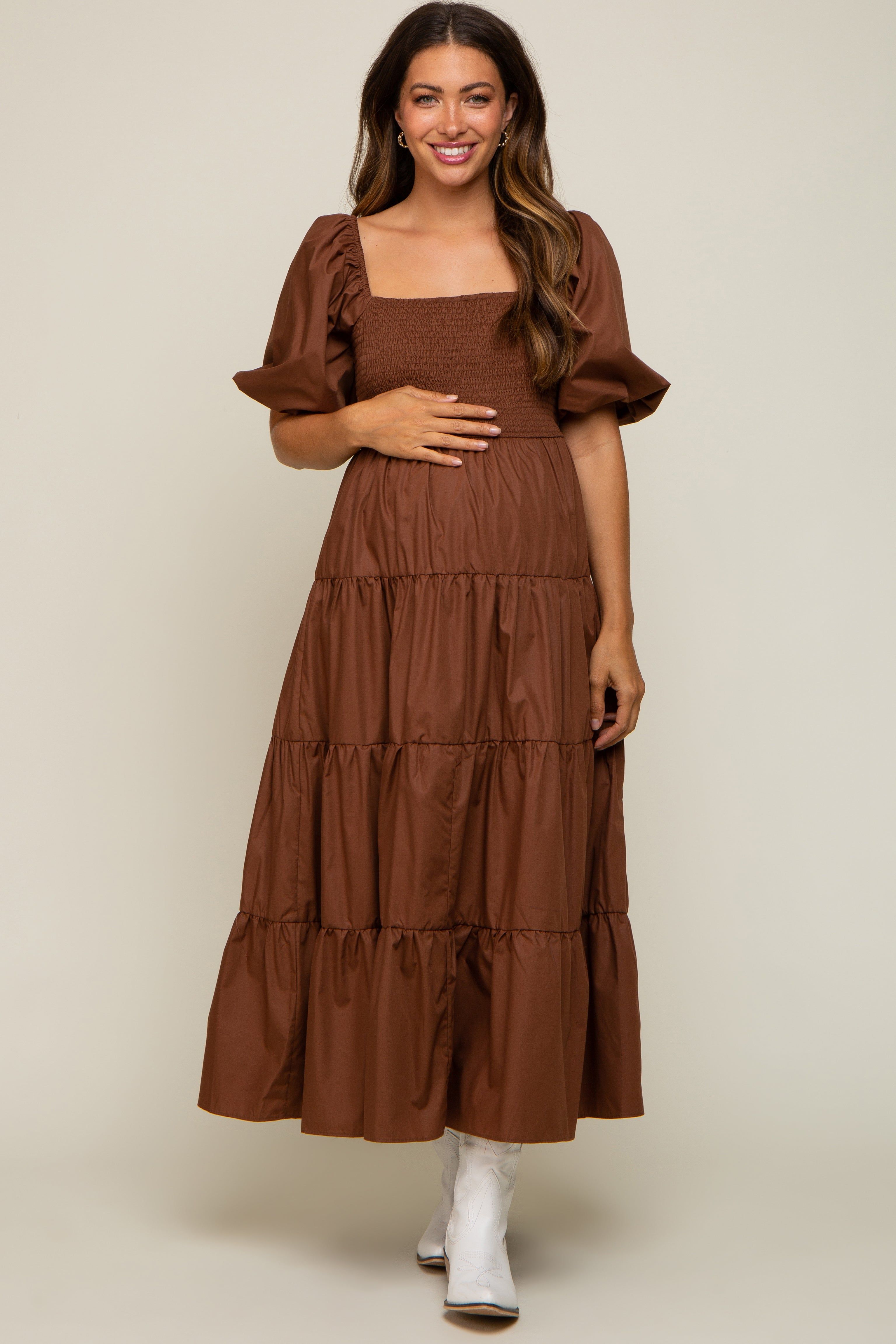 Brown Square Neck Smocked Puff Short Sleeve Tiered Maternity Midi Dress sold by Pinkblush