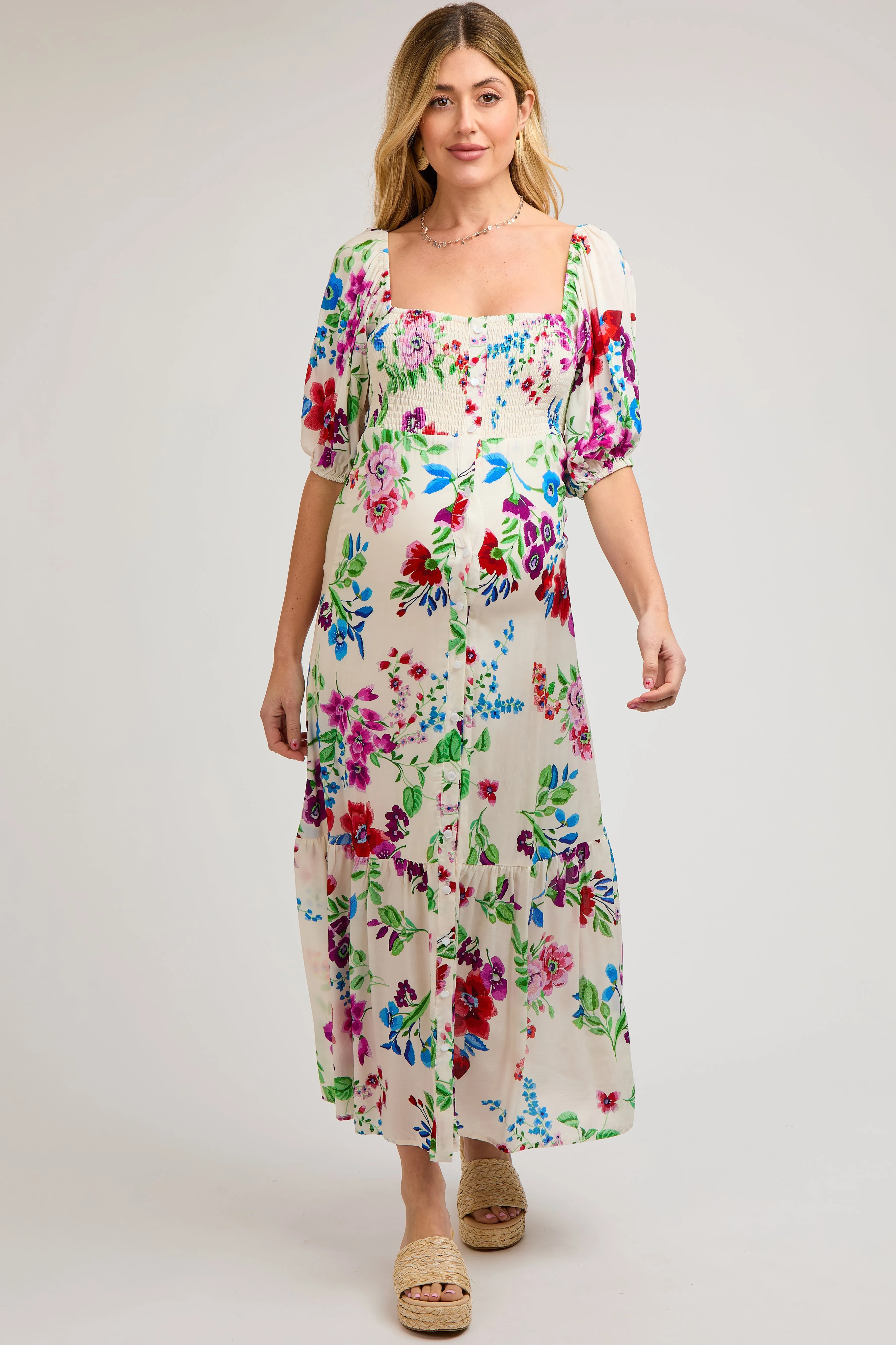 Ivory Floral Front Button Accent Maternity Maxi Dress sold by Pinkblush