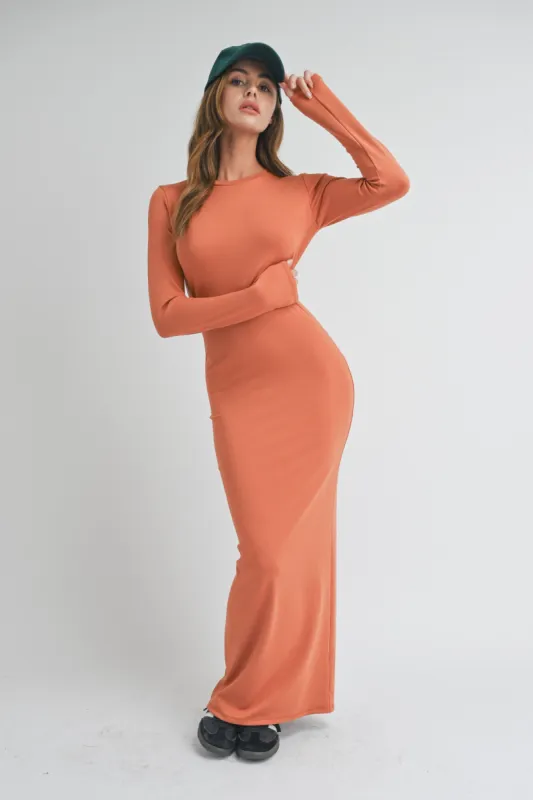 Rust Long Sleeve Fitted Maxi Dress sold by Pinkblush