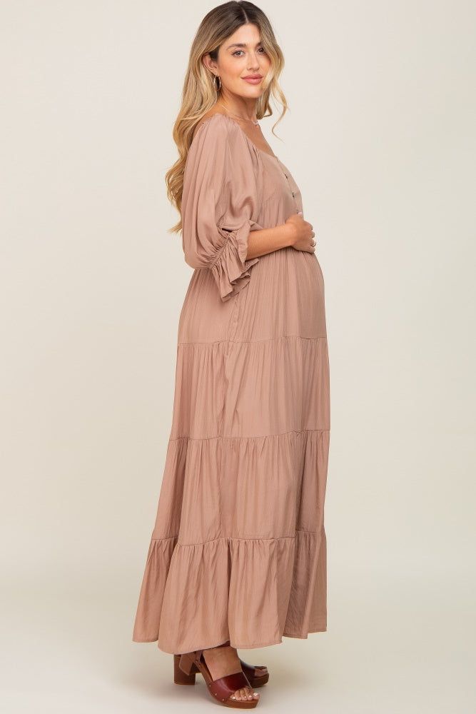 Mocha Square Neck Button Front 3/4 Bell Sleeve Maternity Maxi Dress sold by Pinkblush product image thumbnail 3