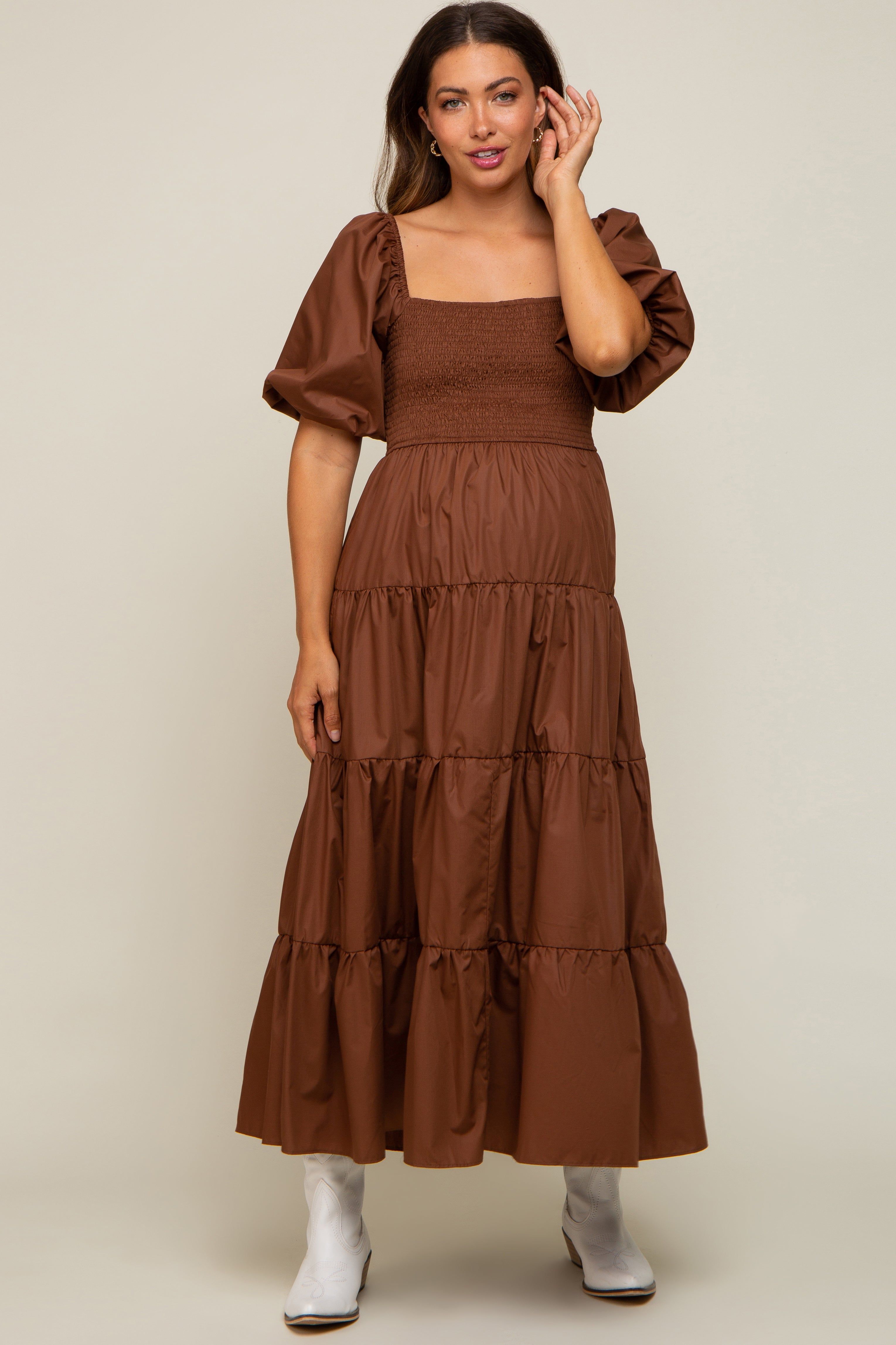 Brown Square Neck Smocked Puff Short Sleeve Tiered Maternity Midi Dress sold by Pinkblush product image thumbnail 2