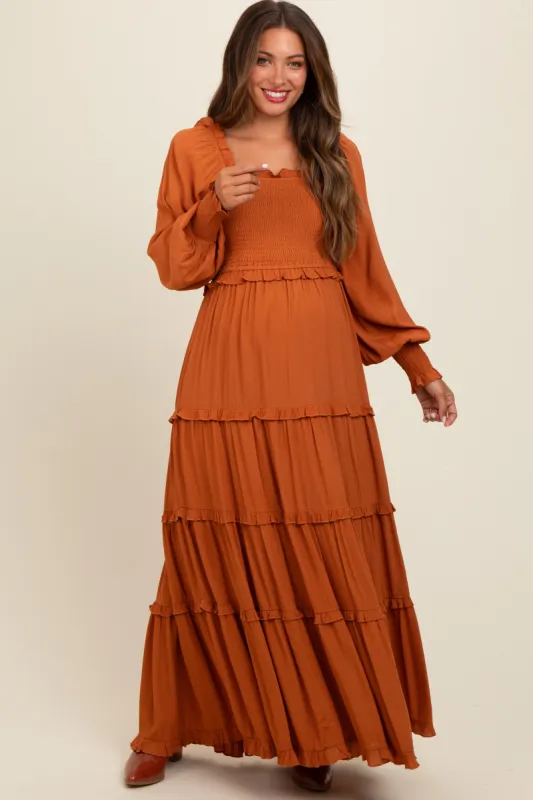 Camel Smocked Long Sleeve Ruffle Tiered Maternity Maxi Dress sold by Pinkblush