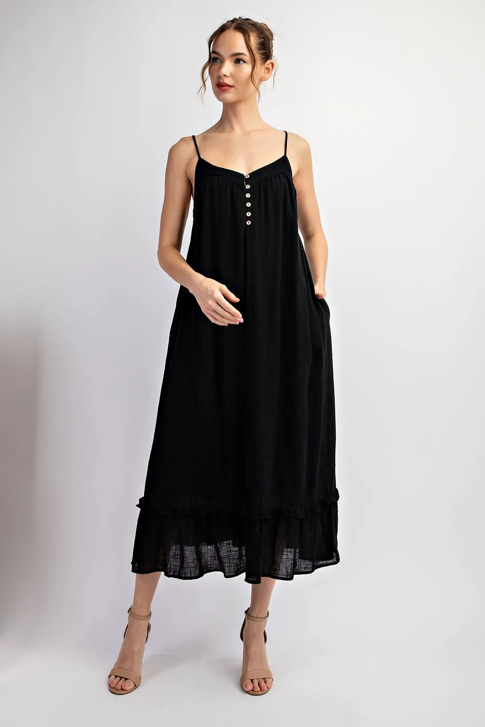Black Button Front Pocketed Midi Dress sold by Pinkblush