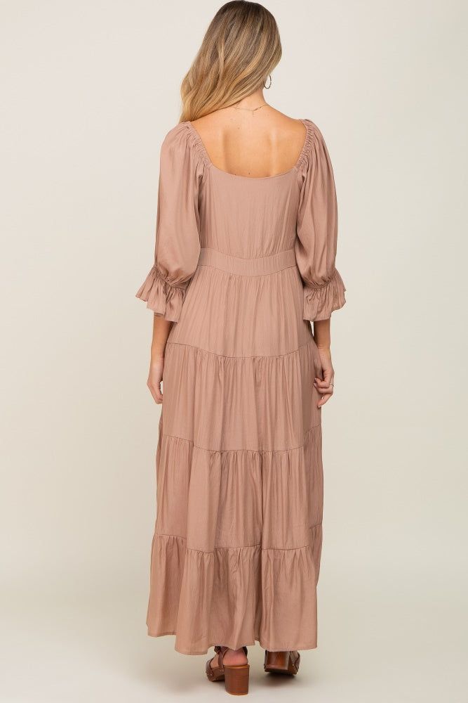 Mocha Square Neck Button Front 3/4 Bell Sleeve Maternity Maxi Dress sold by Pinkblush product image thumbnail 4