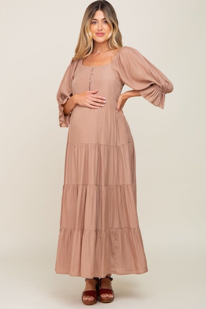 Mocha Square Neck Button Front 3/4 Bell Sleeve Maternity Maxi Dress sold by Pinkblush