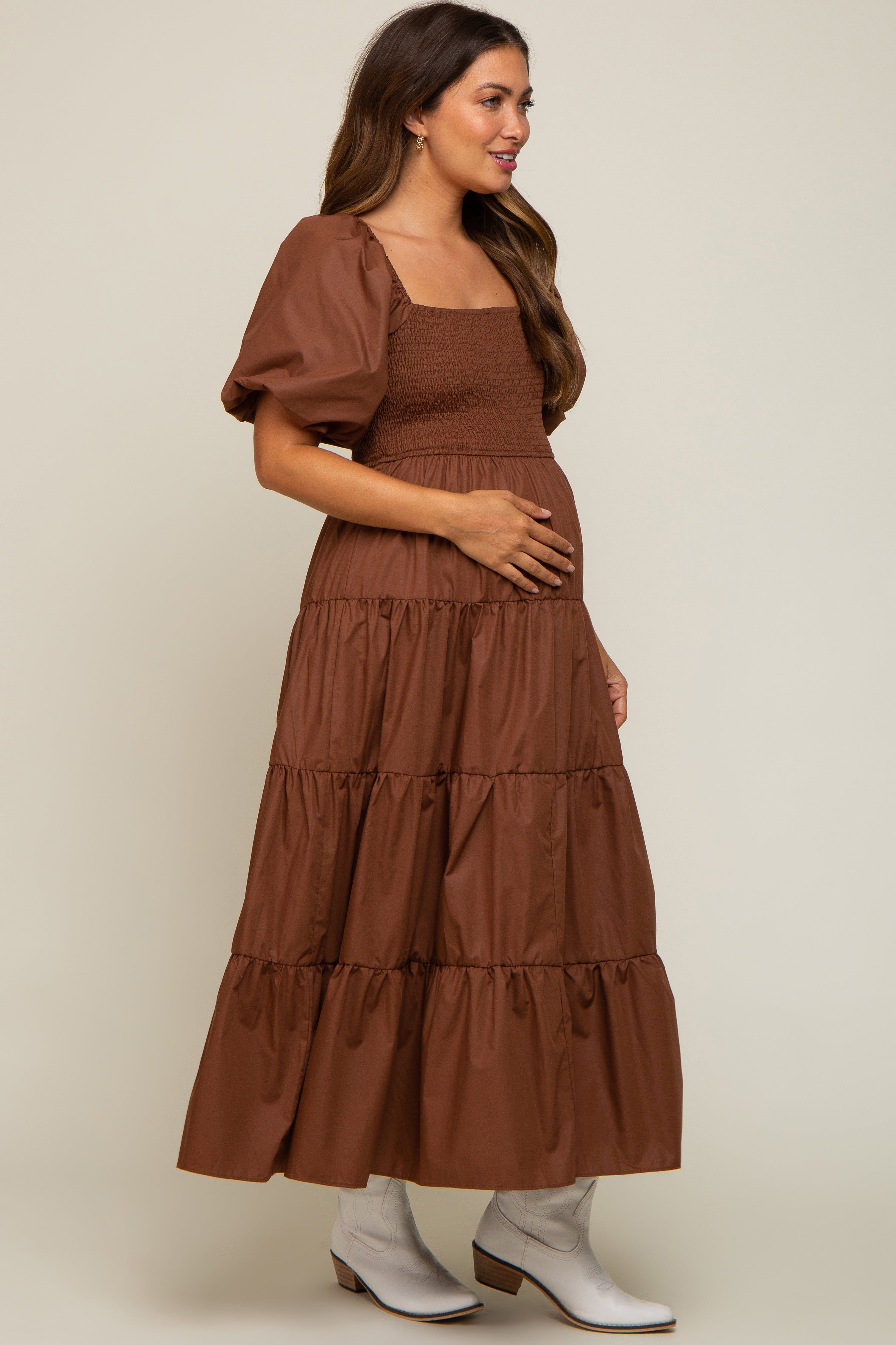 Brown Square Neck Smocked Puff Short Sleeve Tiered Maternity Midi Dress sold by Pinkblush product image thumbnail 3