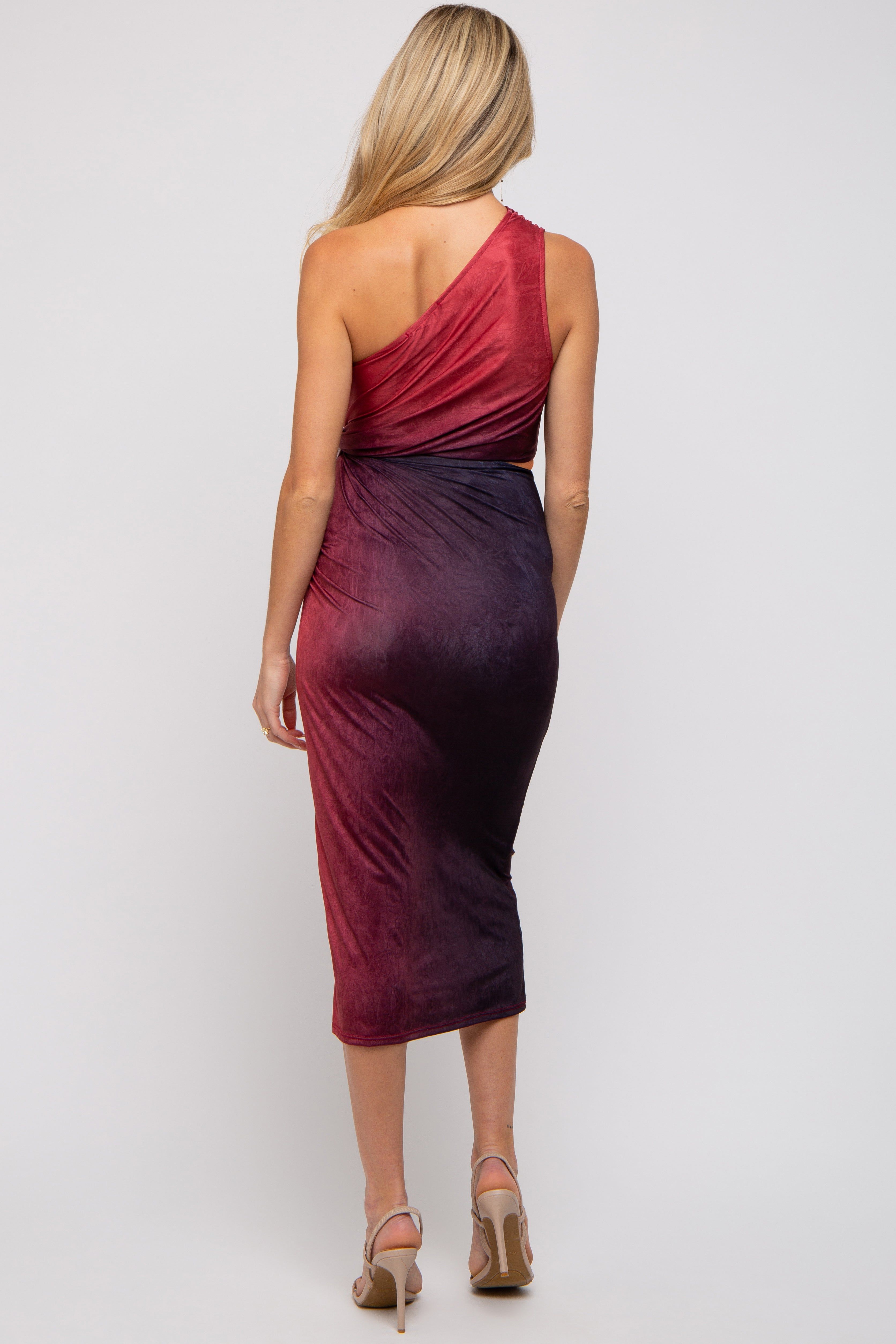 Burgundy One Shoulder Side Cutout Ruched Maternity Midi Dress sold by Pinkblush product image thumbnail 3