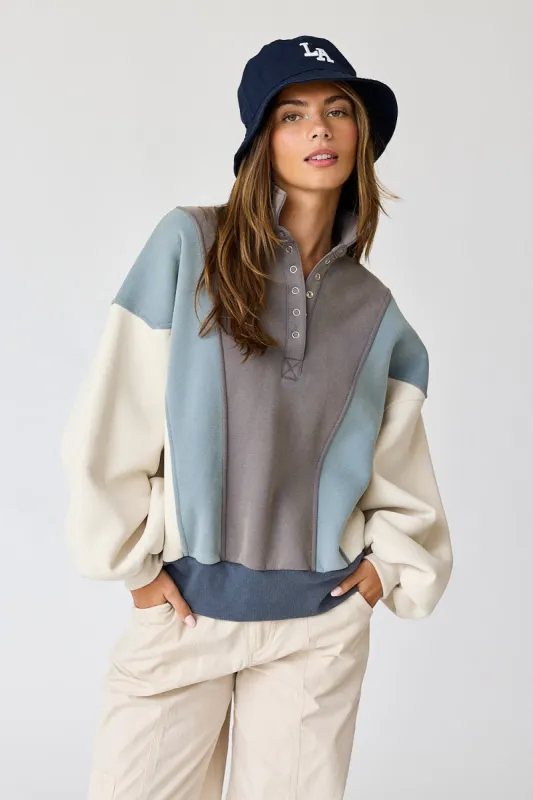 Blue Colorblock Snap Button Polo Sweatshirt sold by Pinkblush