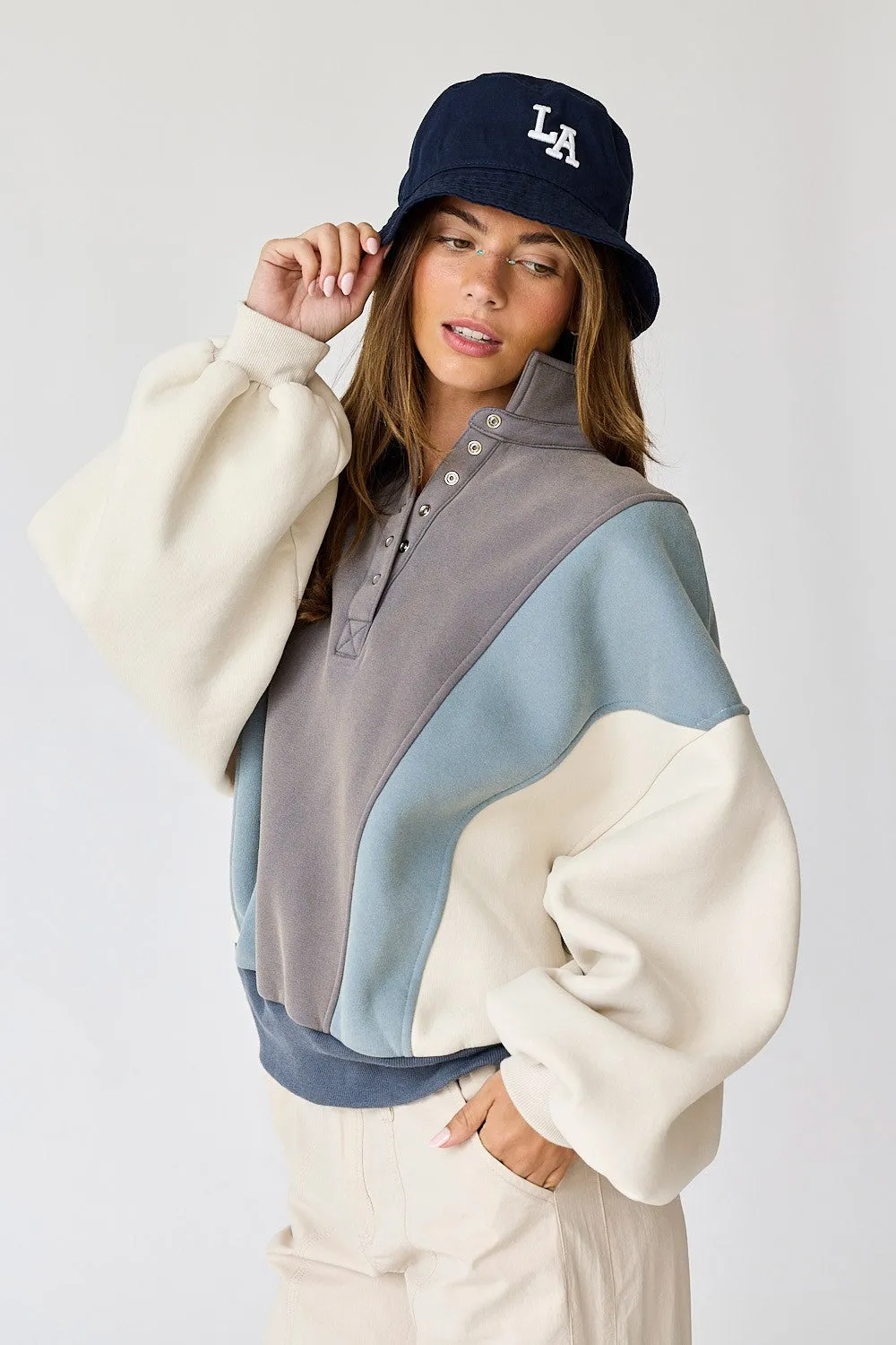 Blue Colorblock Snap Button Polo Sweatshirt sold by Pinkblush product image thumbnail 2