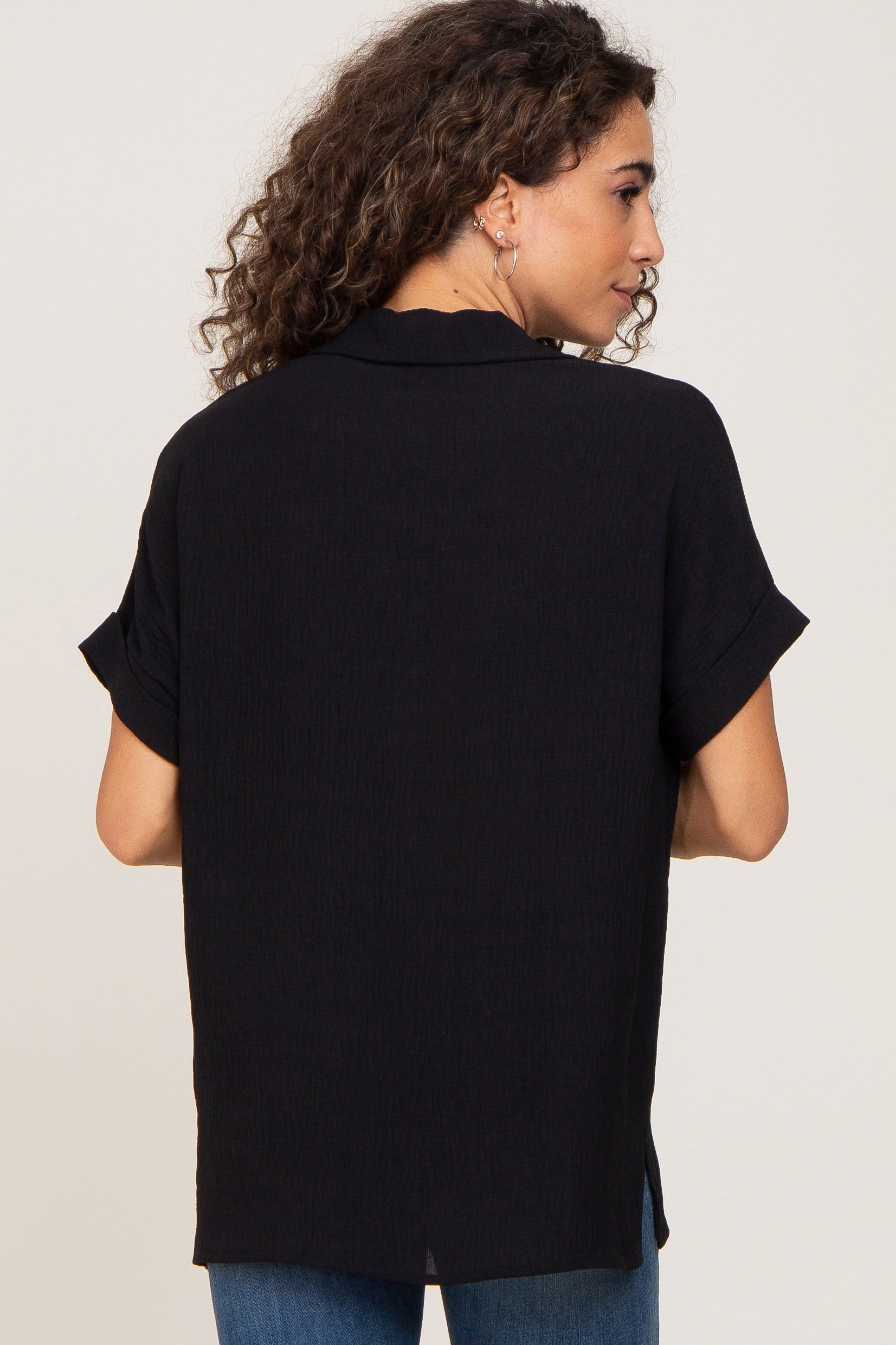 Black Collared Button-Down Short Sleeve Blouse sold by Pinkblush product image thumbnail 3