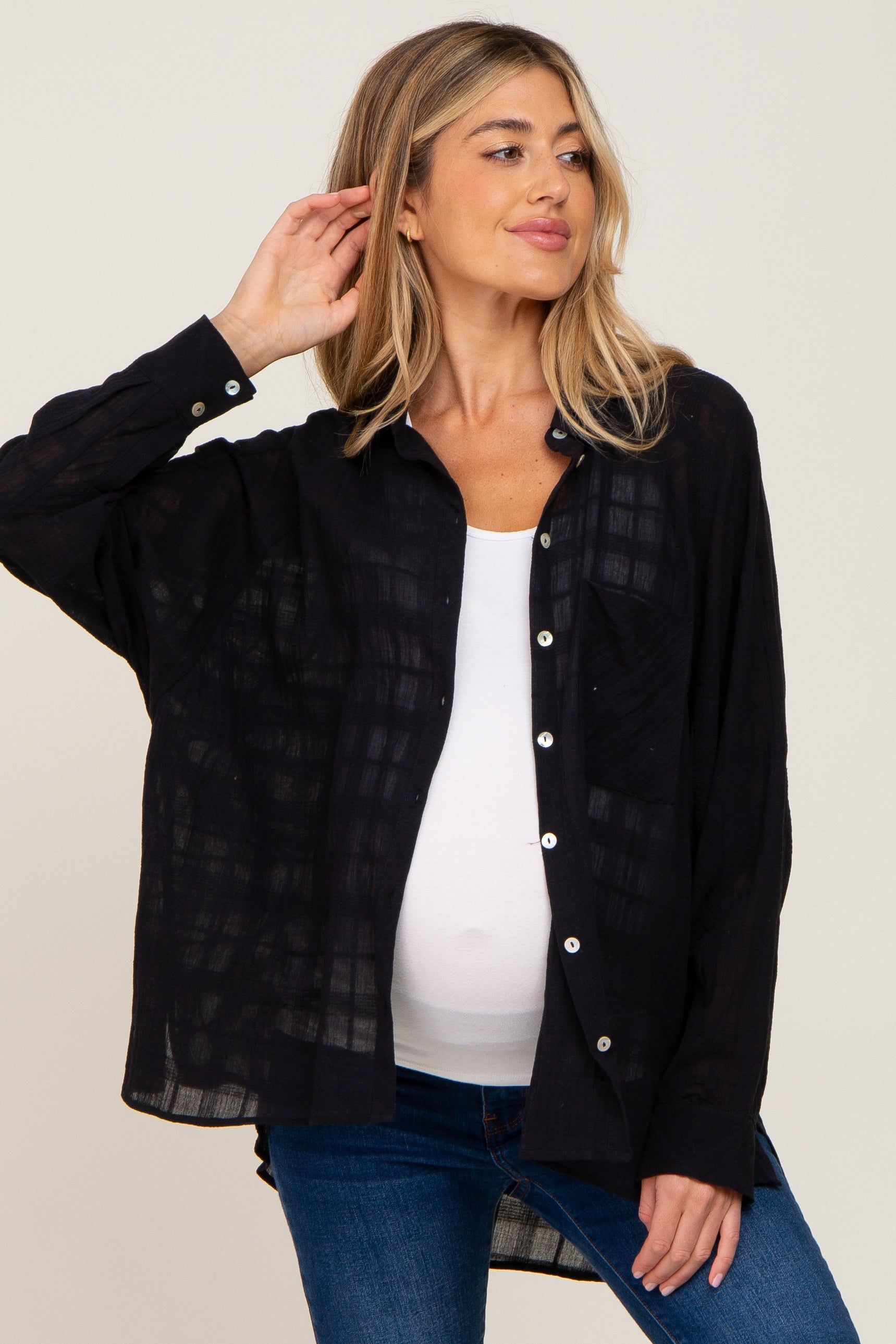 Black Sheer Button Up Hi-Lo Maternity Top sold by Pinkblush