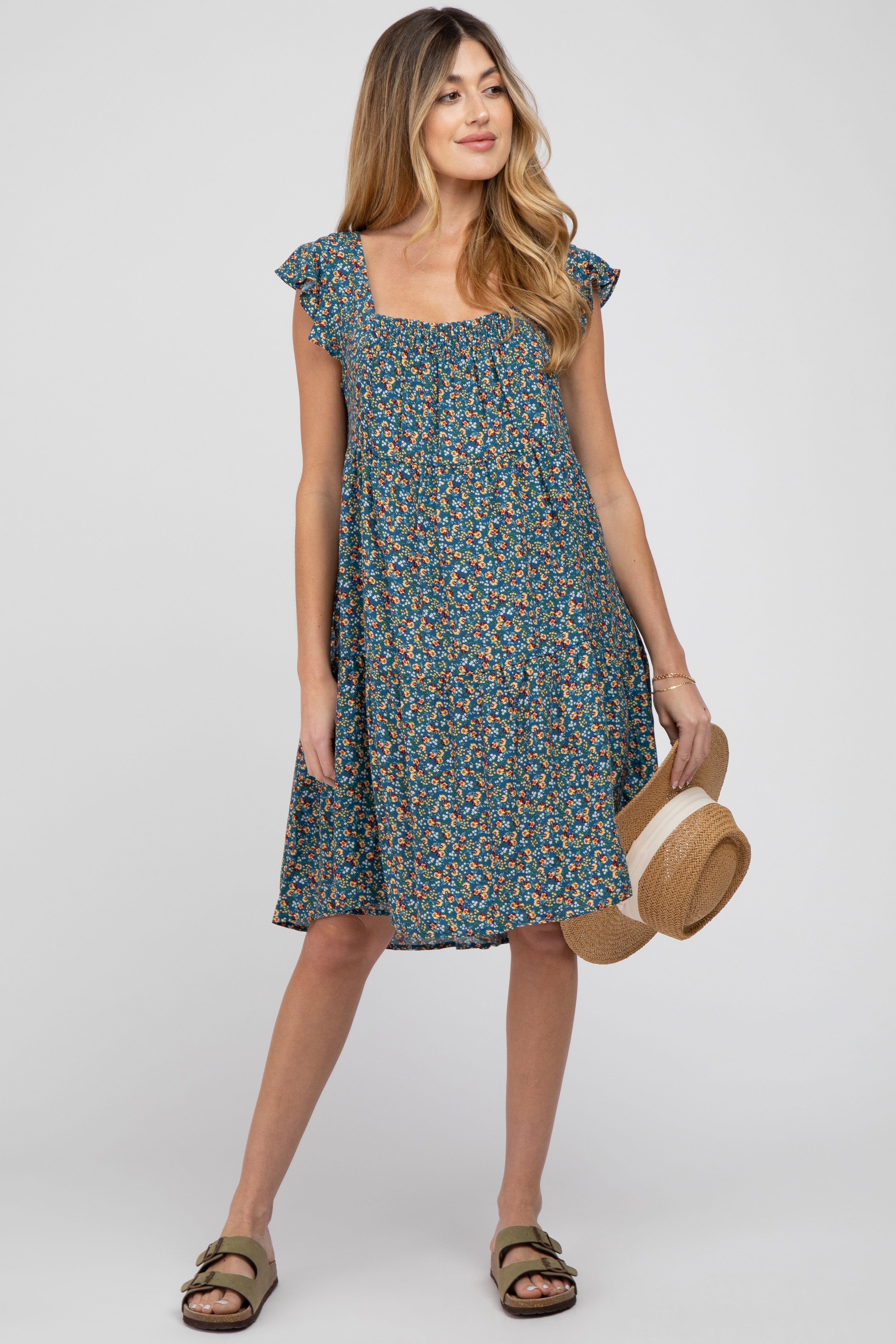 Blue Floral Smocked Square Neck Ruffle Sleeve Maternity Dress sold by Pinkblush product image thumbnail 5