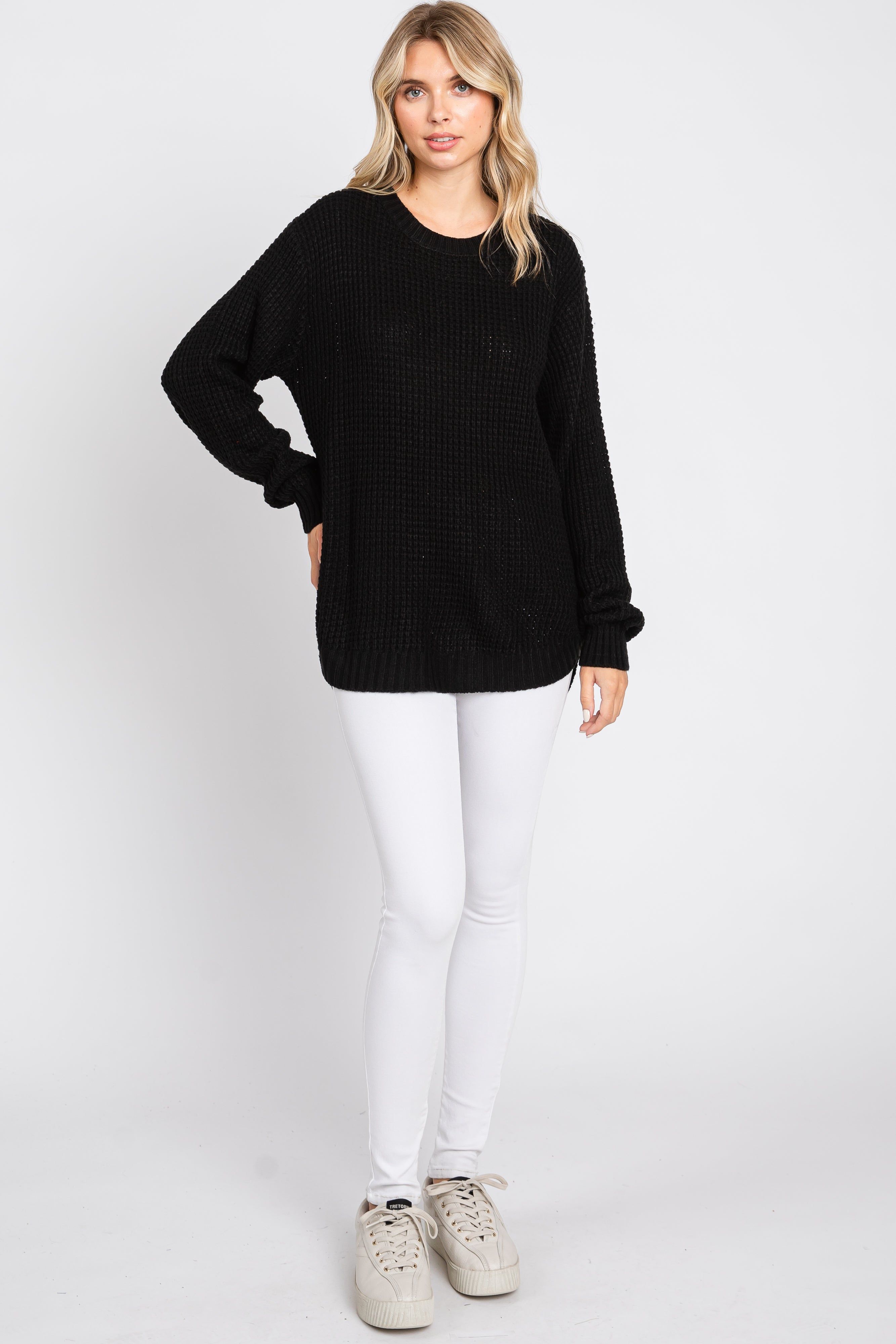 Black Waffle Knit Round Hem Sweater sold by Pinkblush product image thumbnail 4