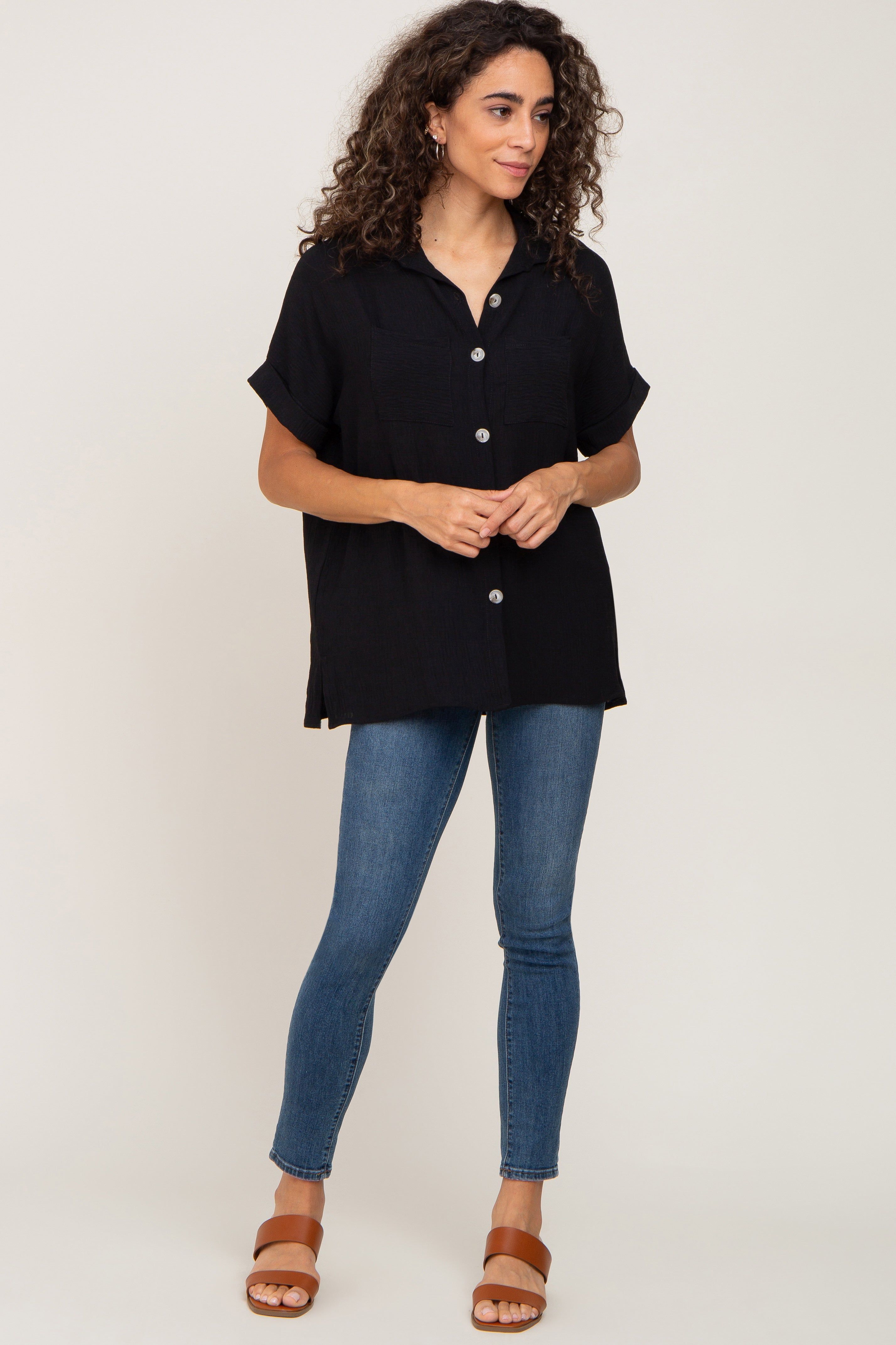 Black Collared Button-Down Short Sleeve Blouse sold by Pinkblush product image thumbnail 4