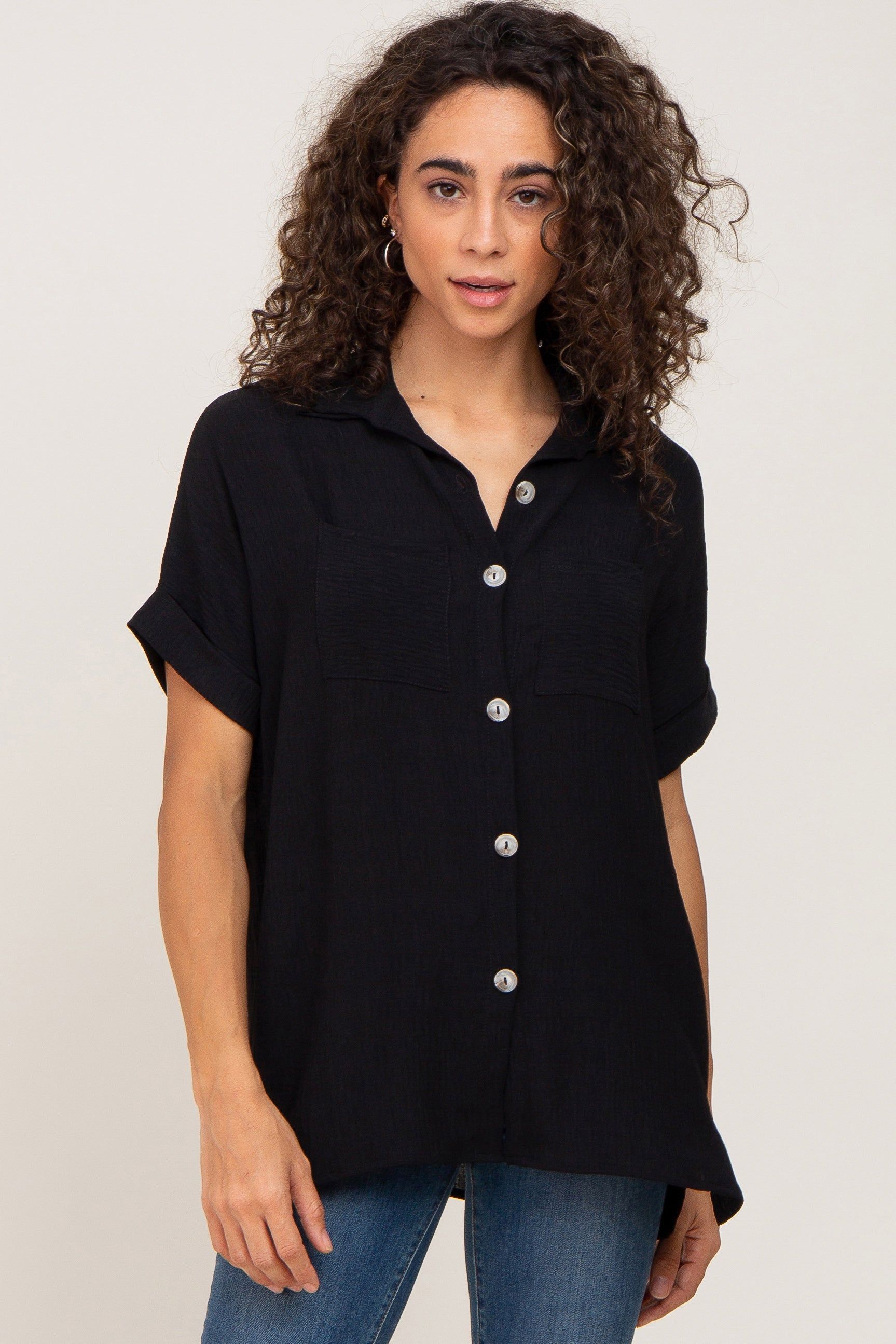 Black Collared Button-Down Short Sleeve Blouse sold by Pinkblush