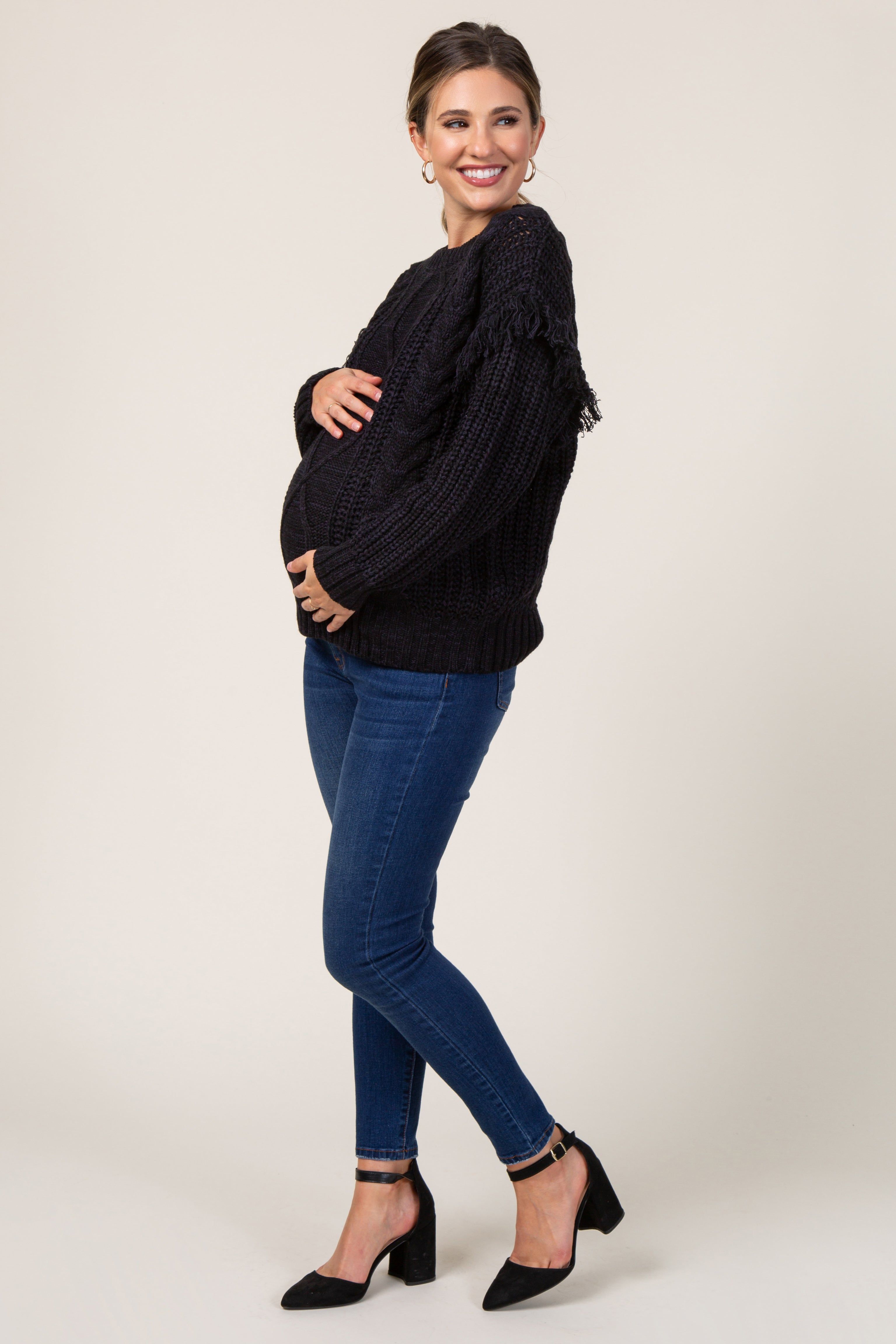 Black Cable Knit Fringe Sleeve Maternity Sweater sold by Pinkblush product image thumbnail 5
