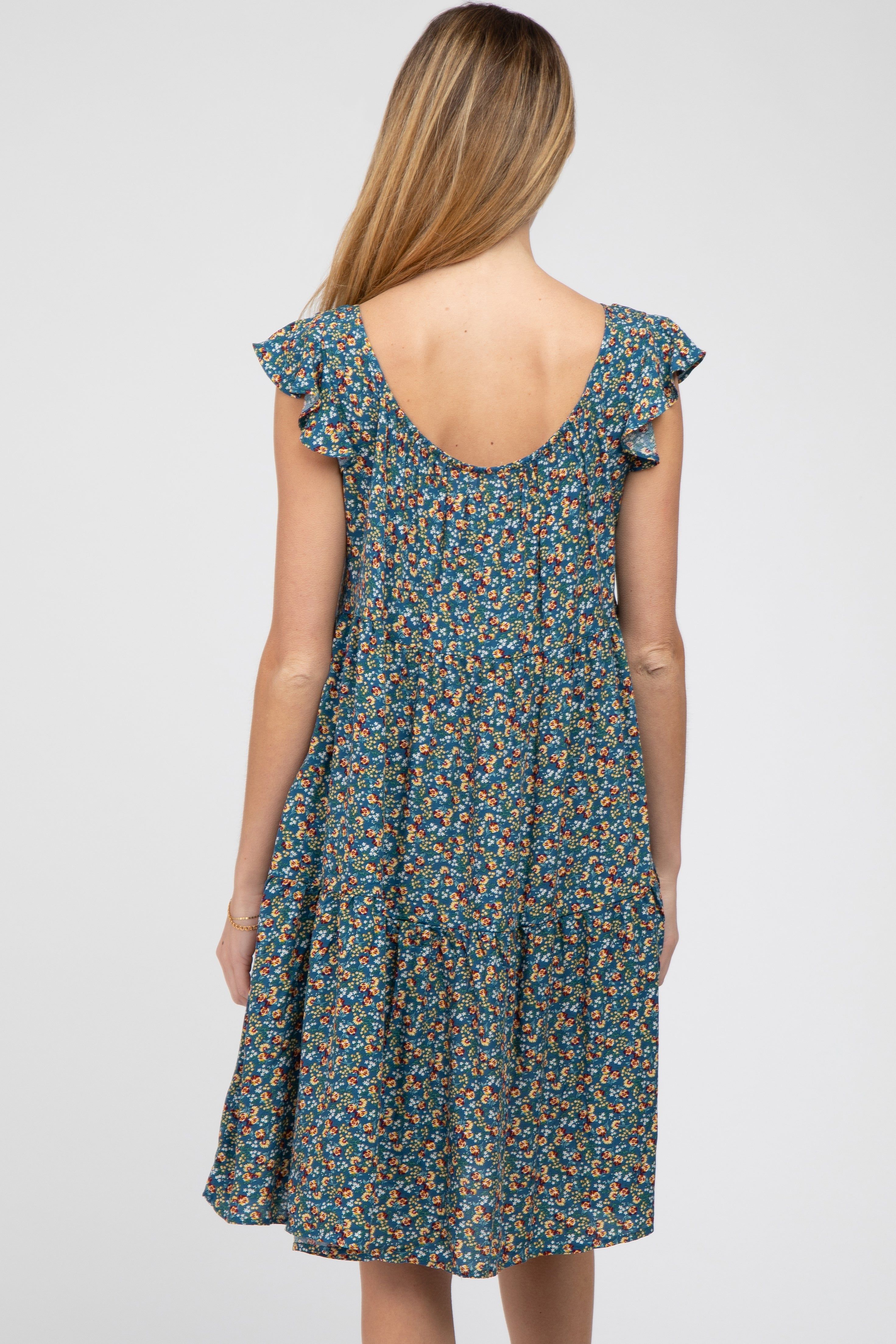 Blue Floral Smocked Square Neck Ruffle Sleeve Maternity Dress sold by Pinkblush product image thumbnail 3