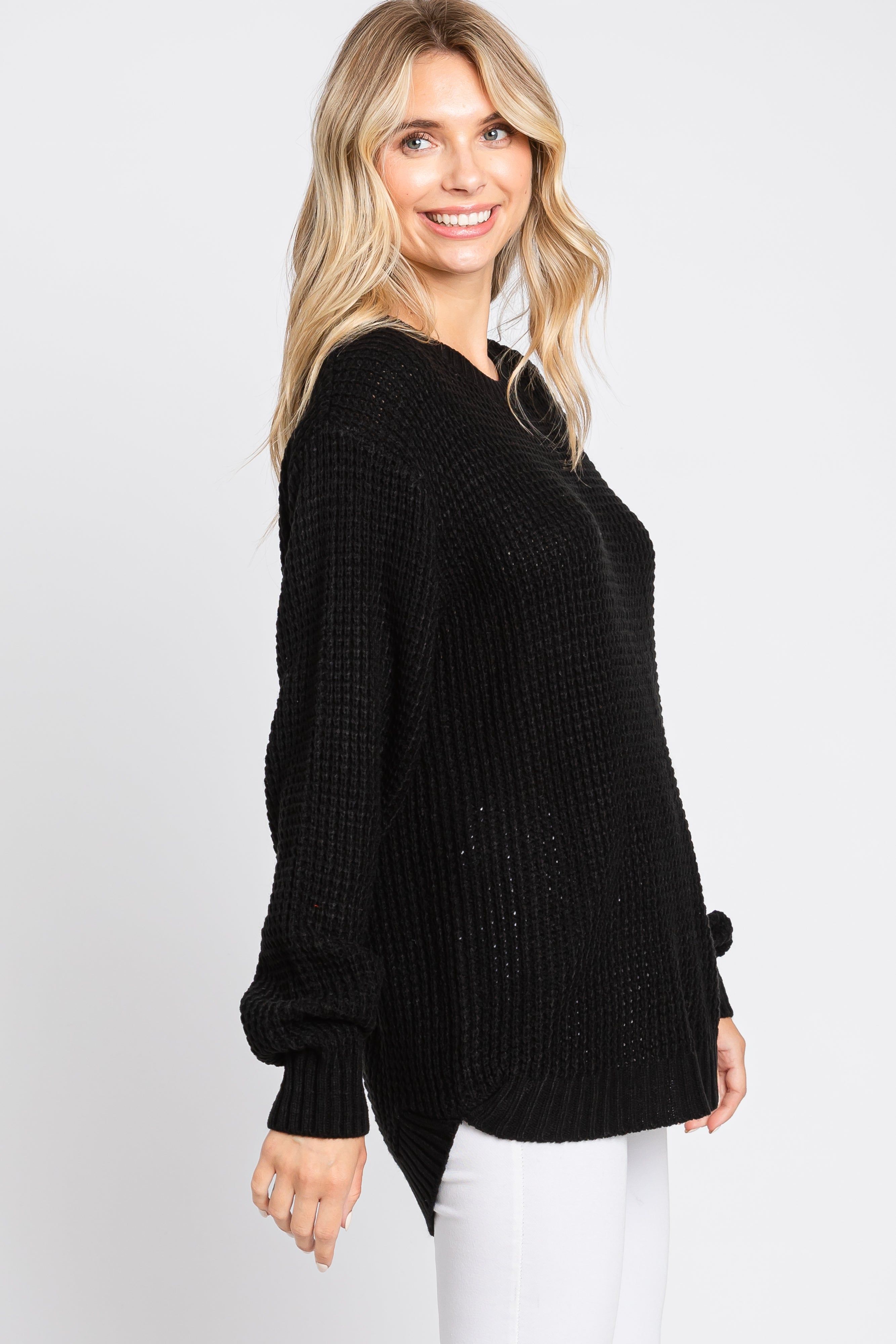 Black Waffle Knit Round Hem Sweater sold by Pinkblush product image thumbnail 2