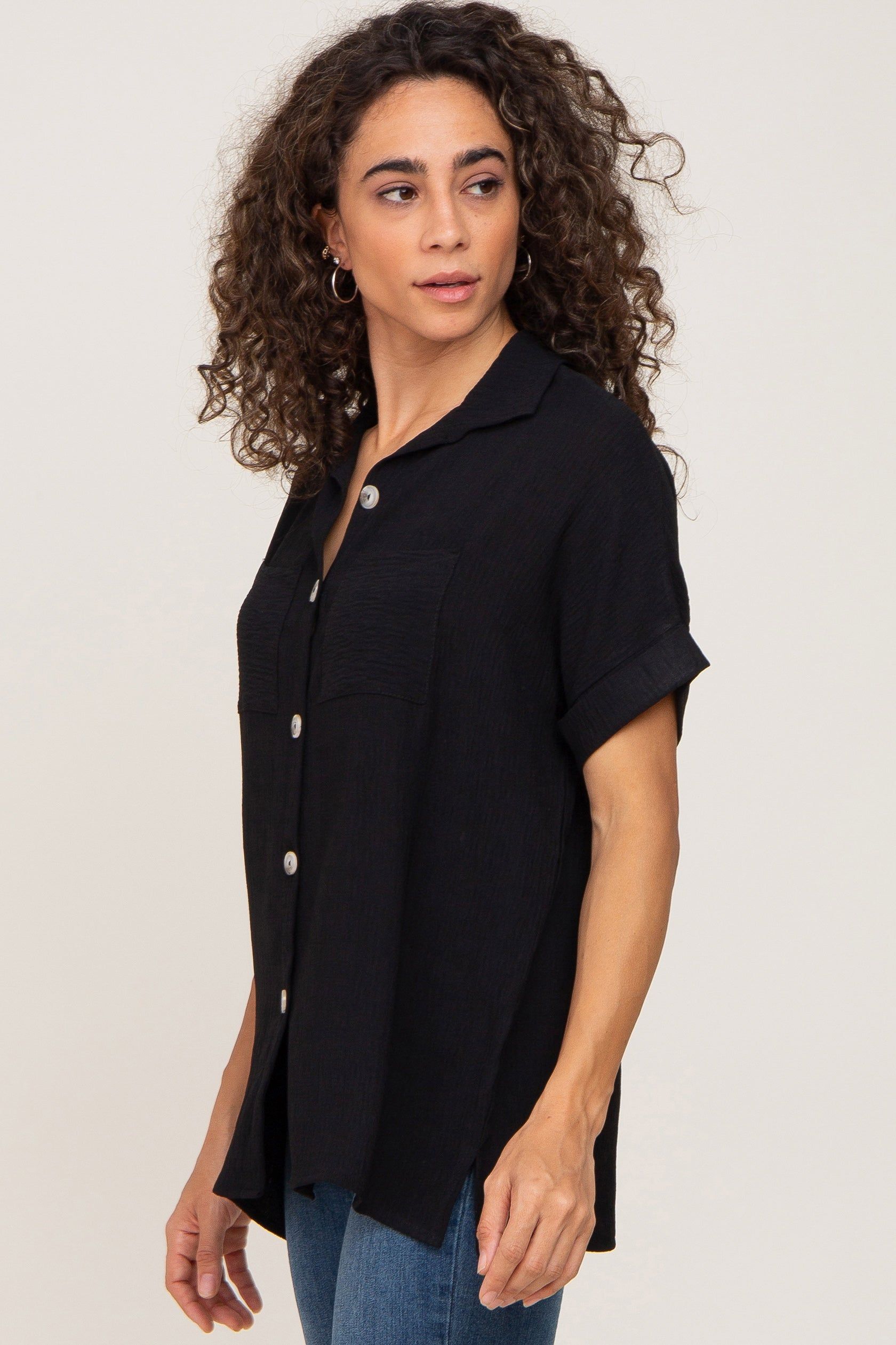 Black Collared Button-Down Short Sleeve Blouse sold by Pinkblush product image thumbnail 2