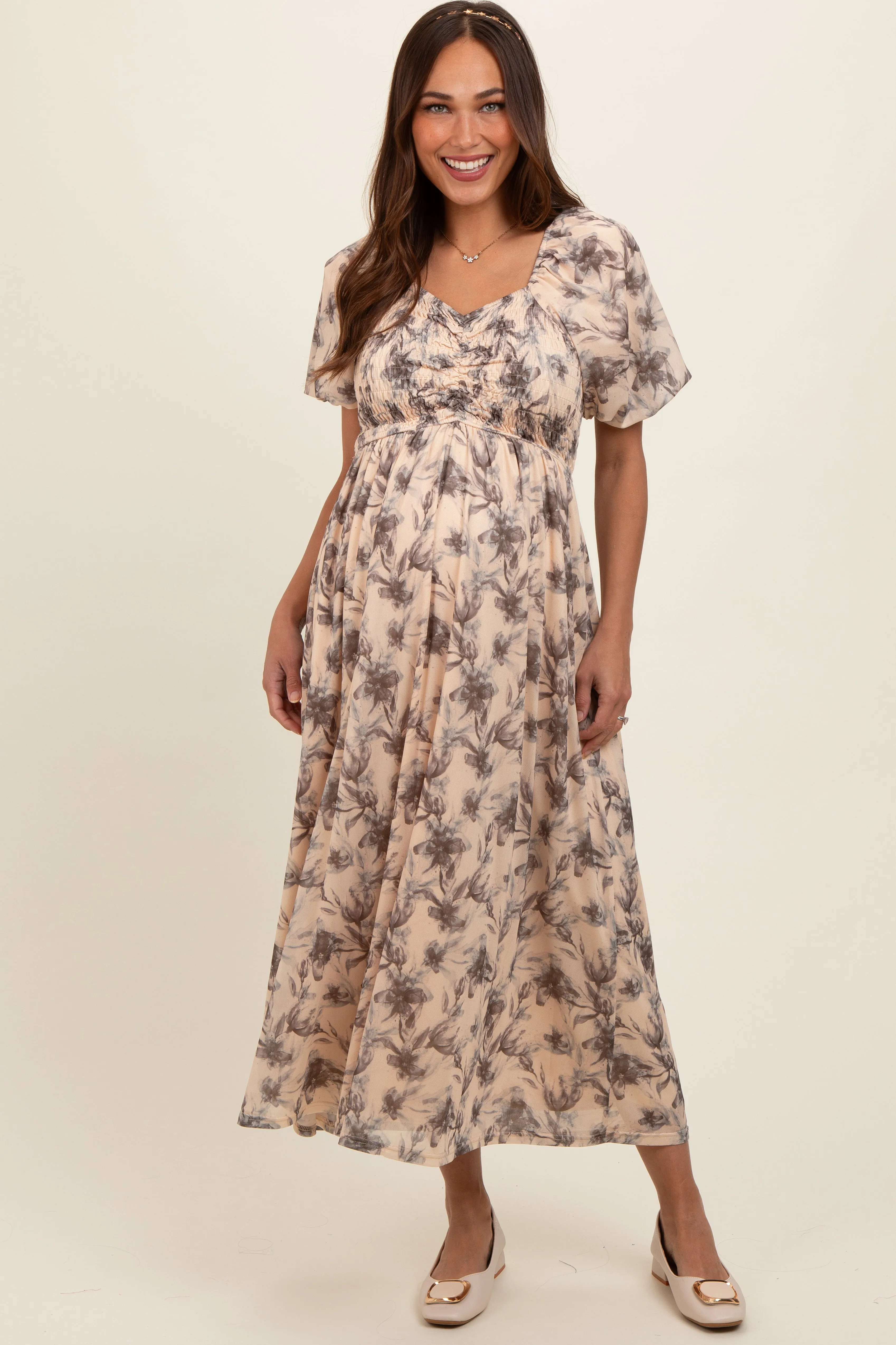Cream Floral Smocked Short Puff Sleeve Maternity Midi Dress sold by Pinkblush product image thumbnail 3