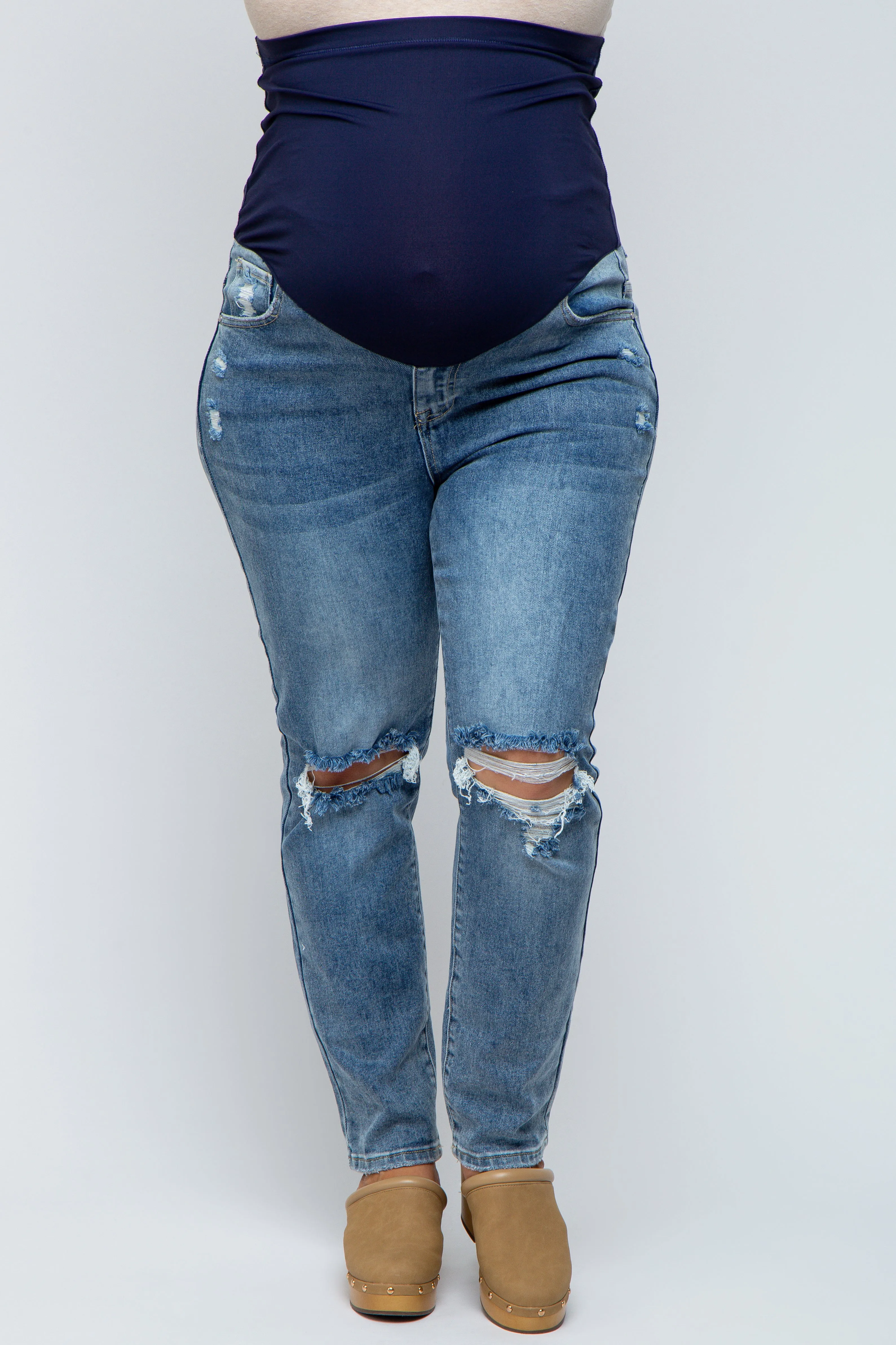 Blue Distressed Ripped Knee Maternity Plus Jeans sold by Pinkblush product image thumbnail 3