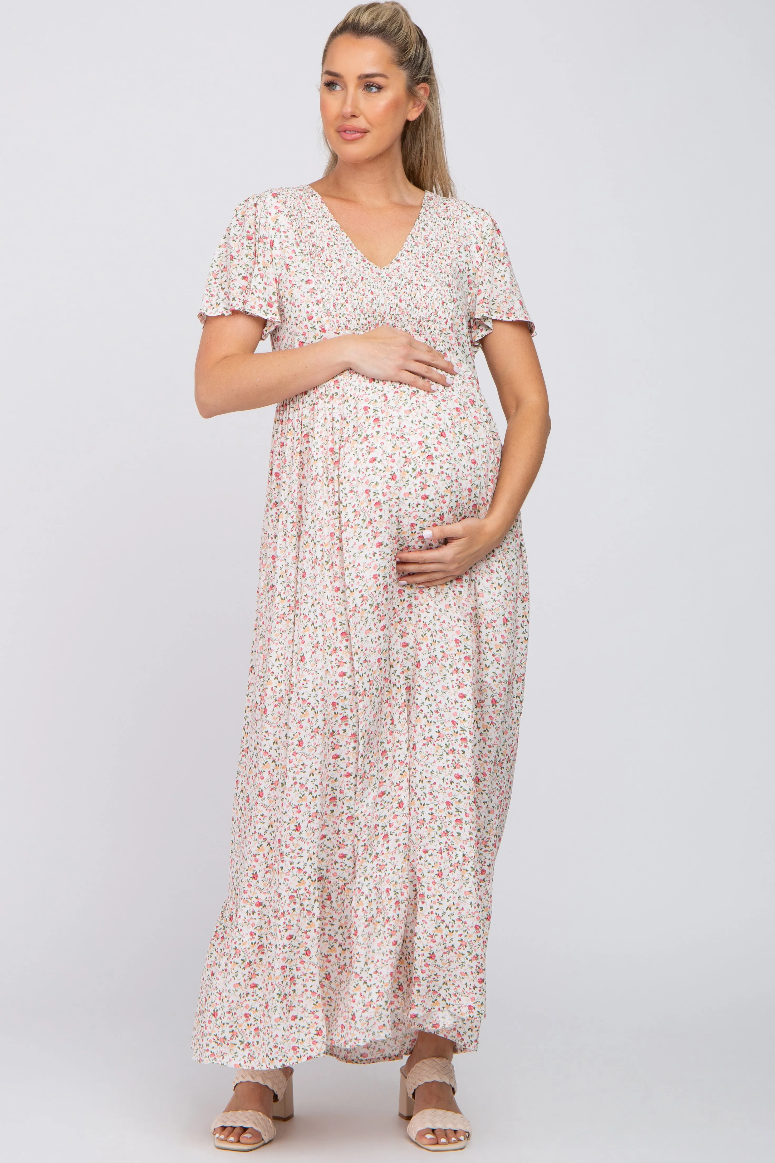 Ivory Floral Smocked Front Ruffle Hem Maternity Maxi Dress sold by Pinkblush product image thumbnail 4