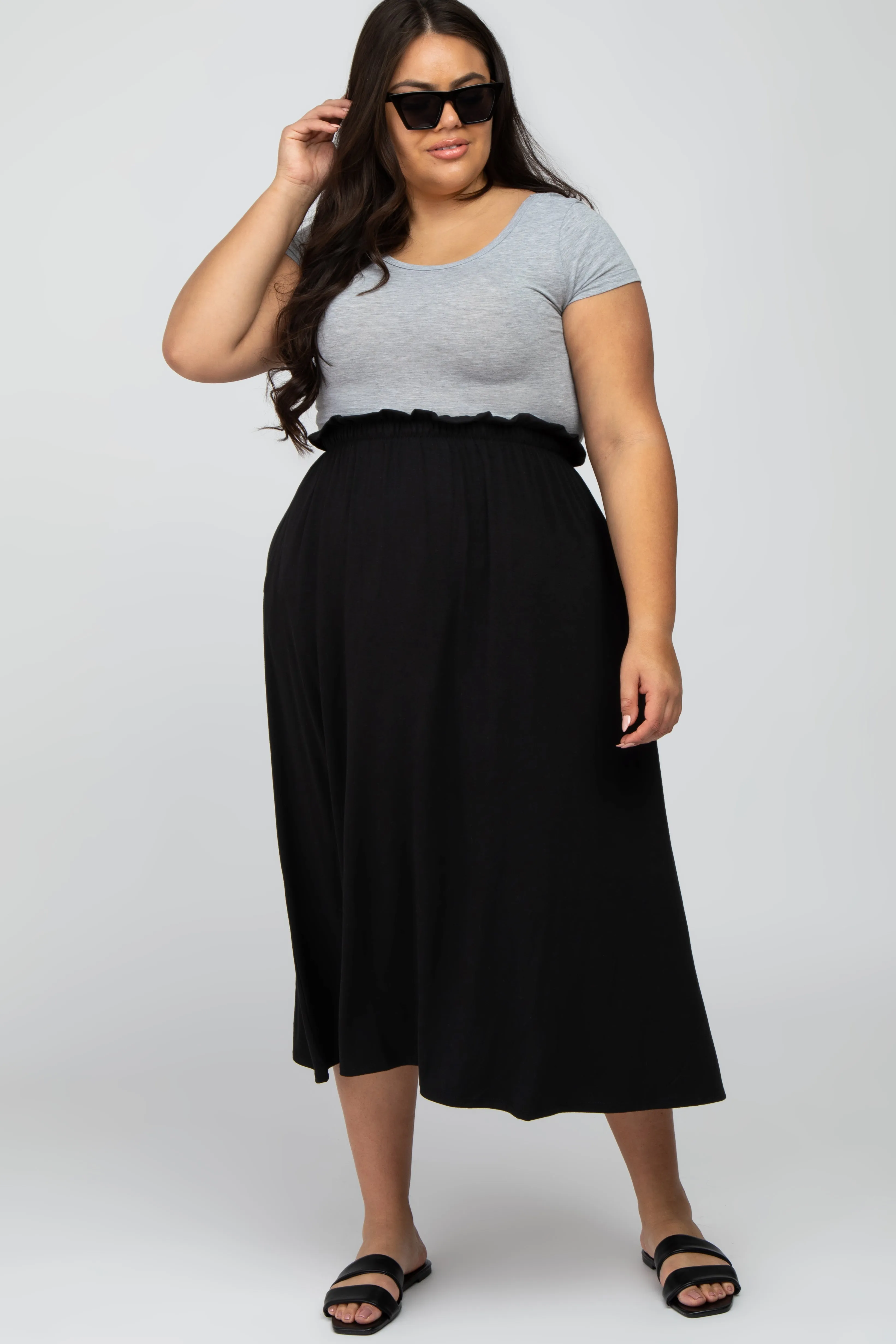 Black Gathered Waist Plus Midi Skirt sold by Pinkblush