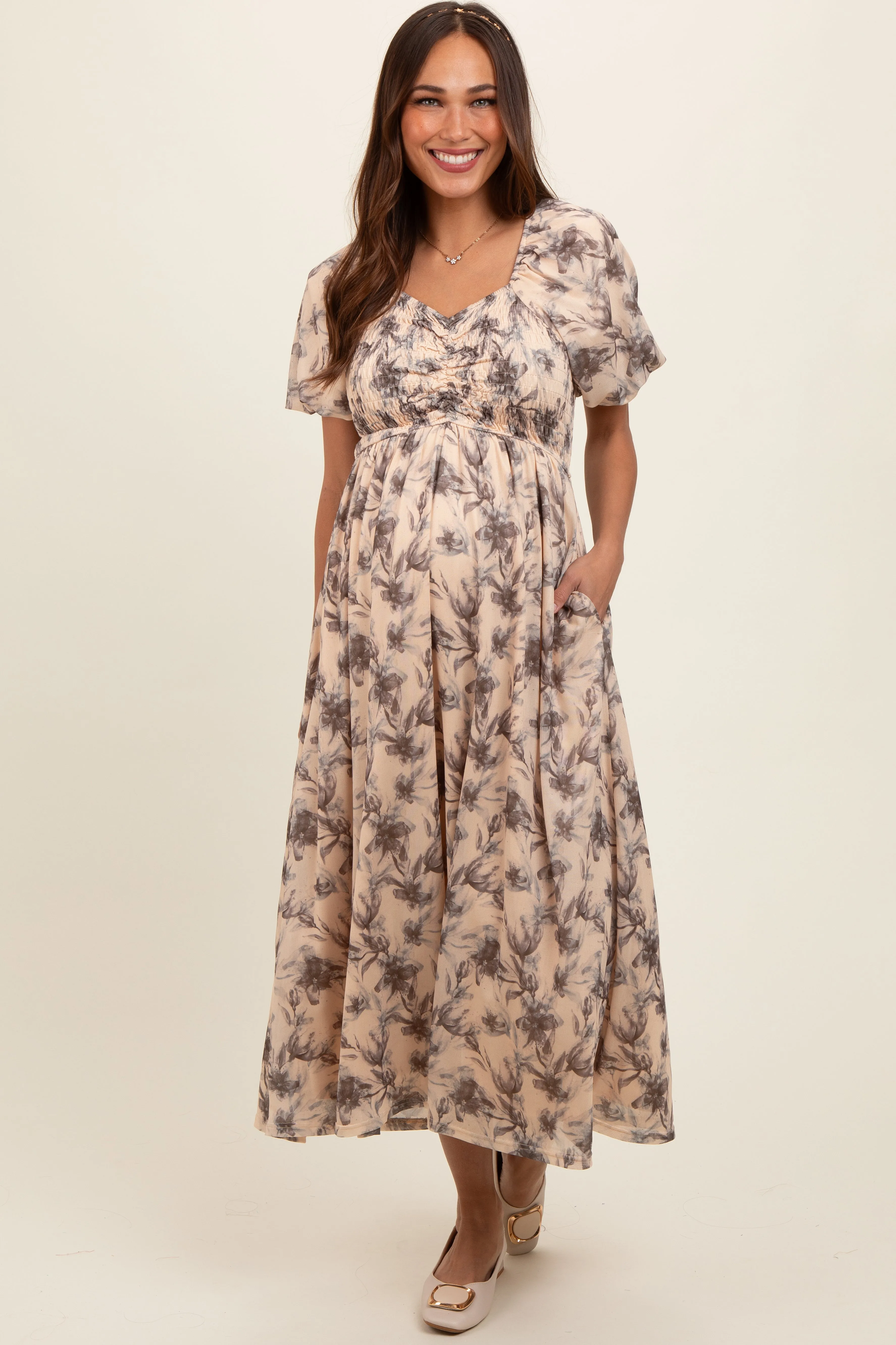 Cream Floral Smocked Short Puff Sleeve Maternity Midi Dress sold by Pinkblush product image thumbnail 4