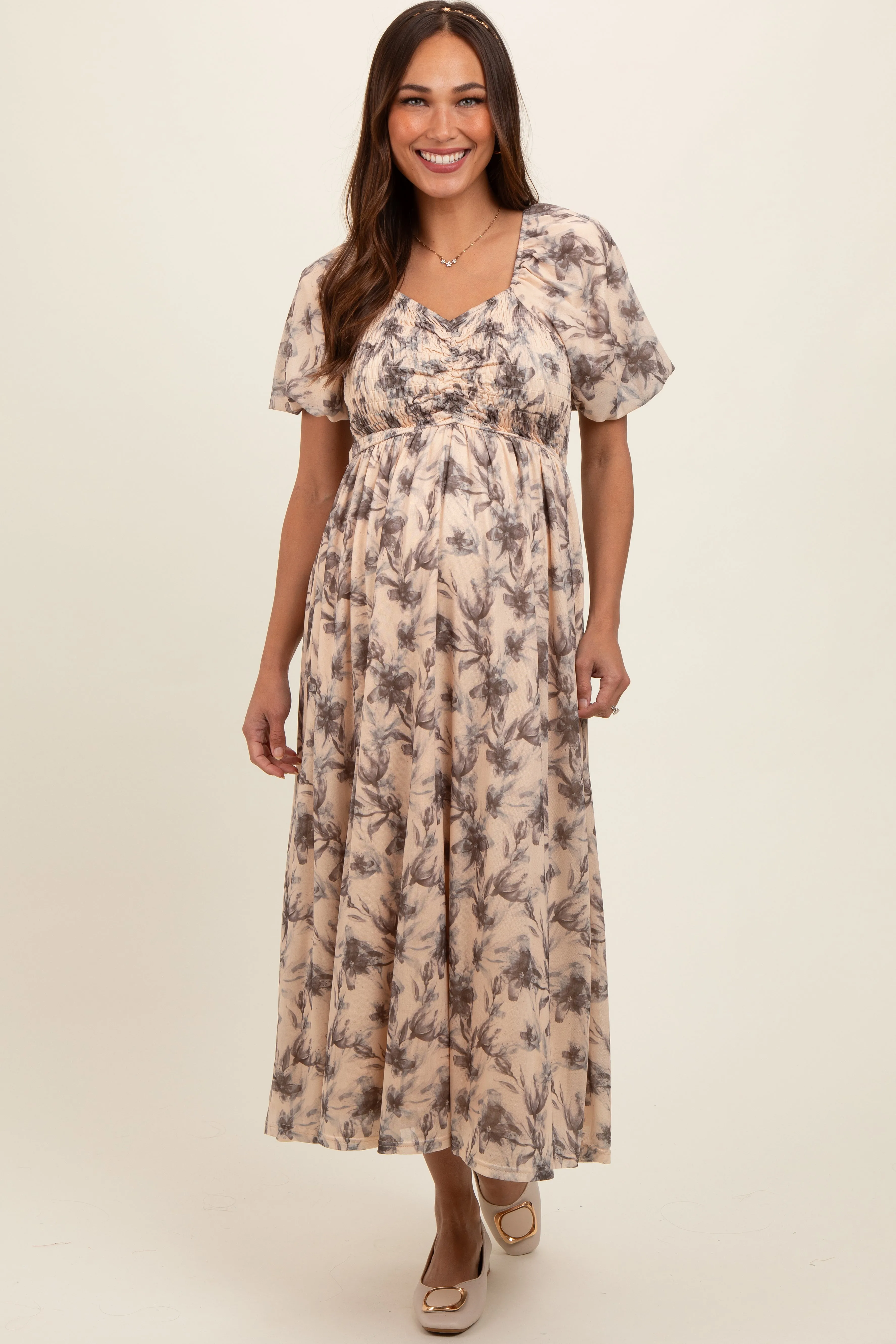 Cream Floral Smocked Short Puff Sleeve Maternity Midi Dress sold by Pinkblush