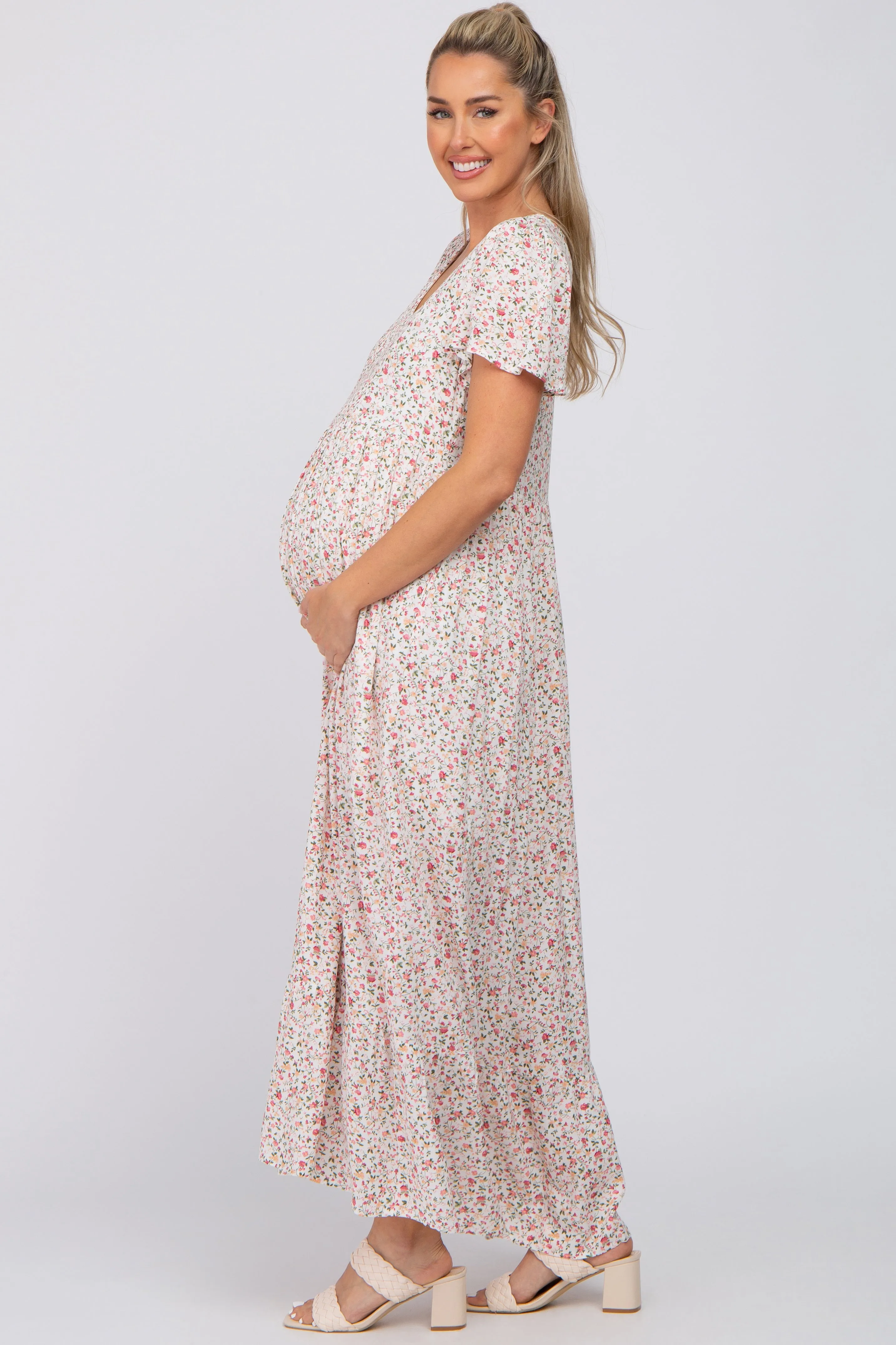 Ivory Floral Smocked Front Ruffle Hem Maternity Maxi Dress sold by Pinkblush product image thumbnail 2