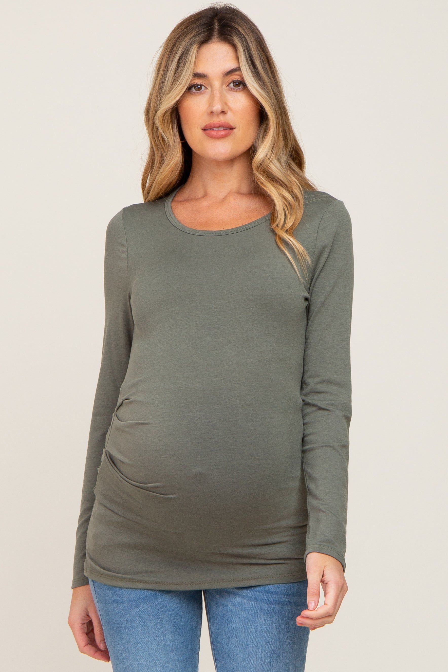 Olive Ruched Side Long Sleeve Maternity Top sold by Pinkblush