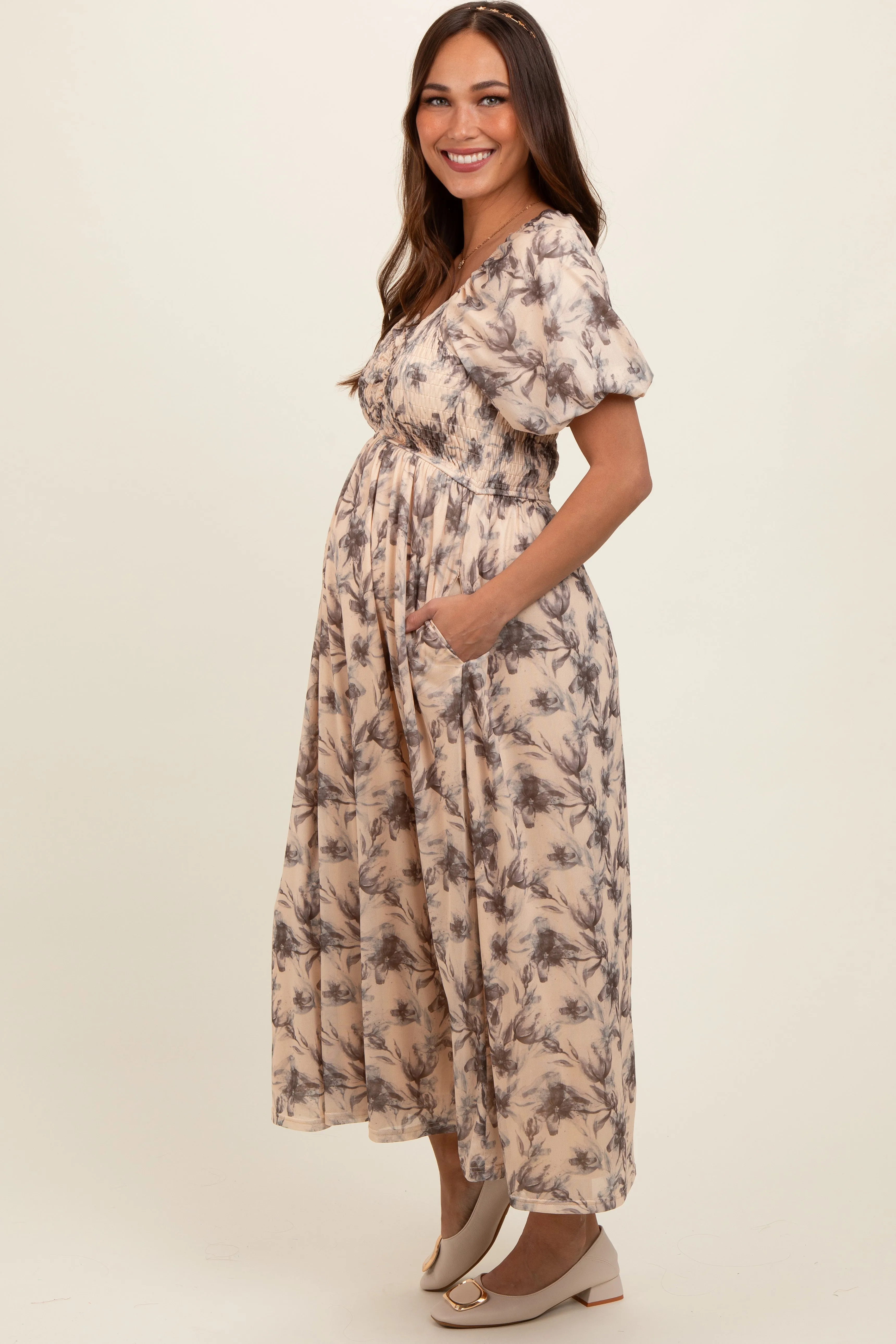 Cream Floral Smocked Short Puff Sleeve Maternity Midi Dress sold by Pinkblush product image thumbnail 5