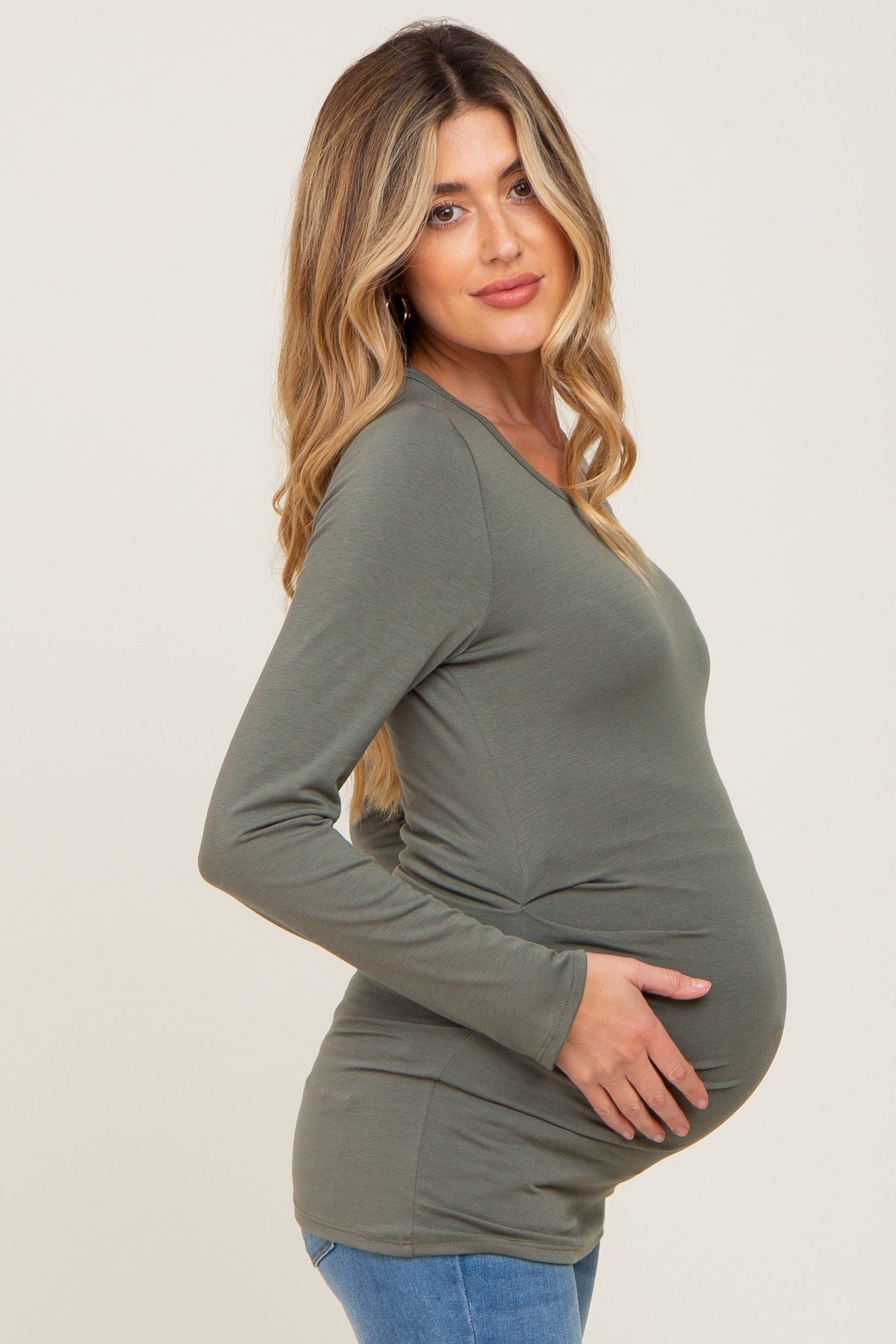 Olive Ruched Side Long Sleeve Maternity Top sold by Pinkblush product image thumbnail 2