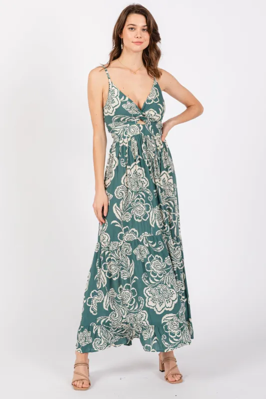 Green Floral Front Knot Twist Maxi Dress sold by Pinkblush