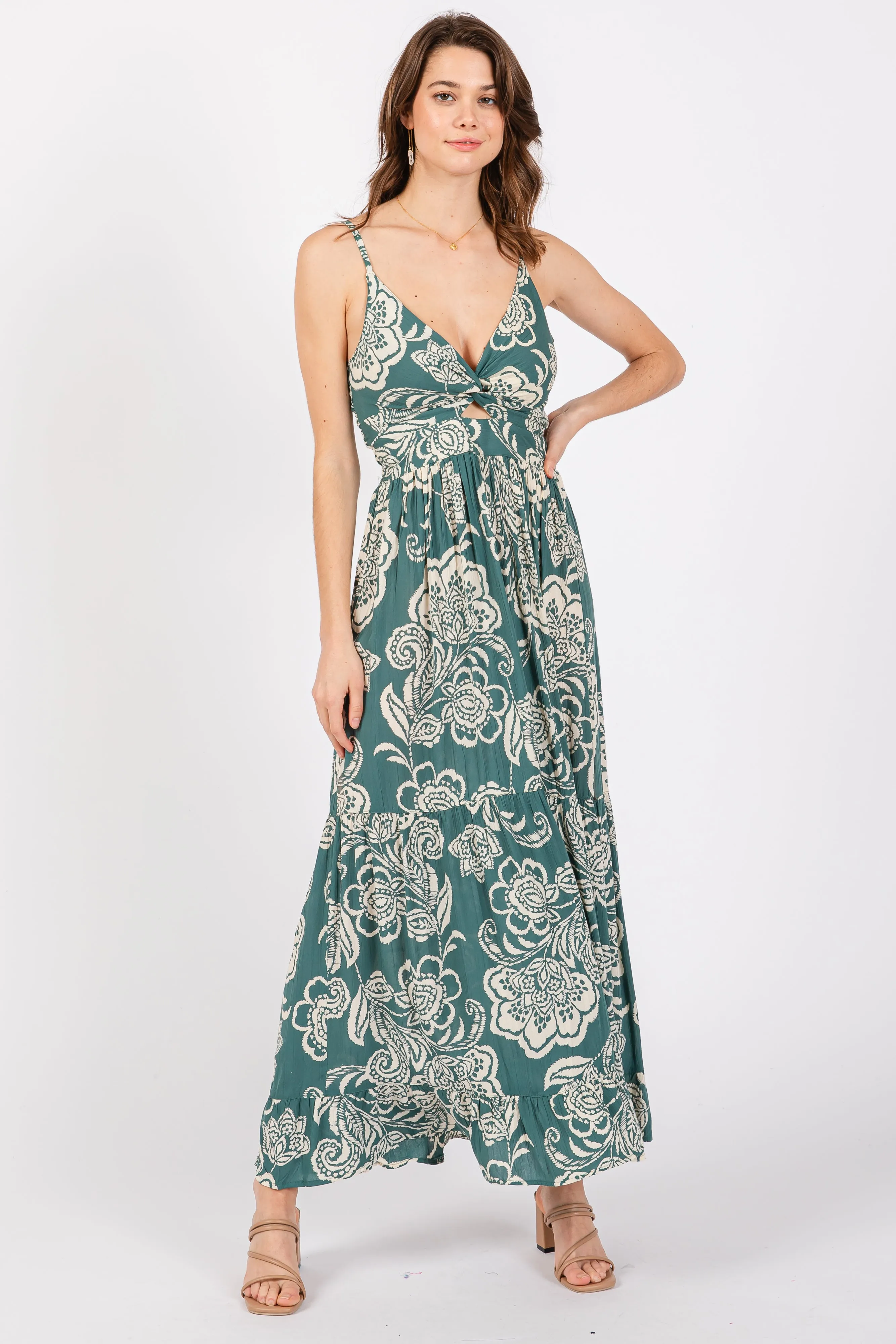 Green Floral Front Knot Twist Maxi Dress sold by Pinkblush