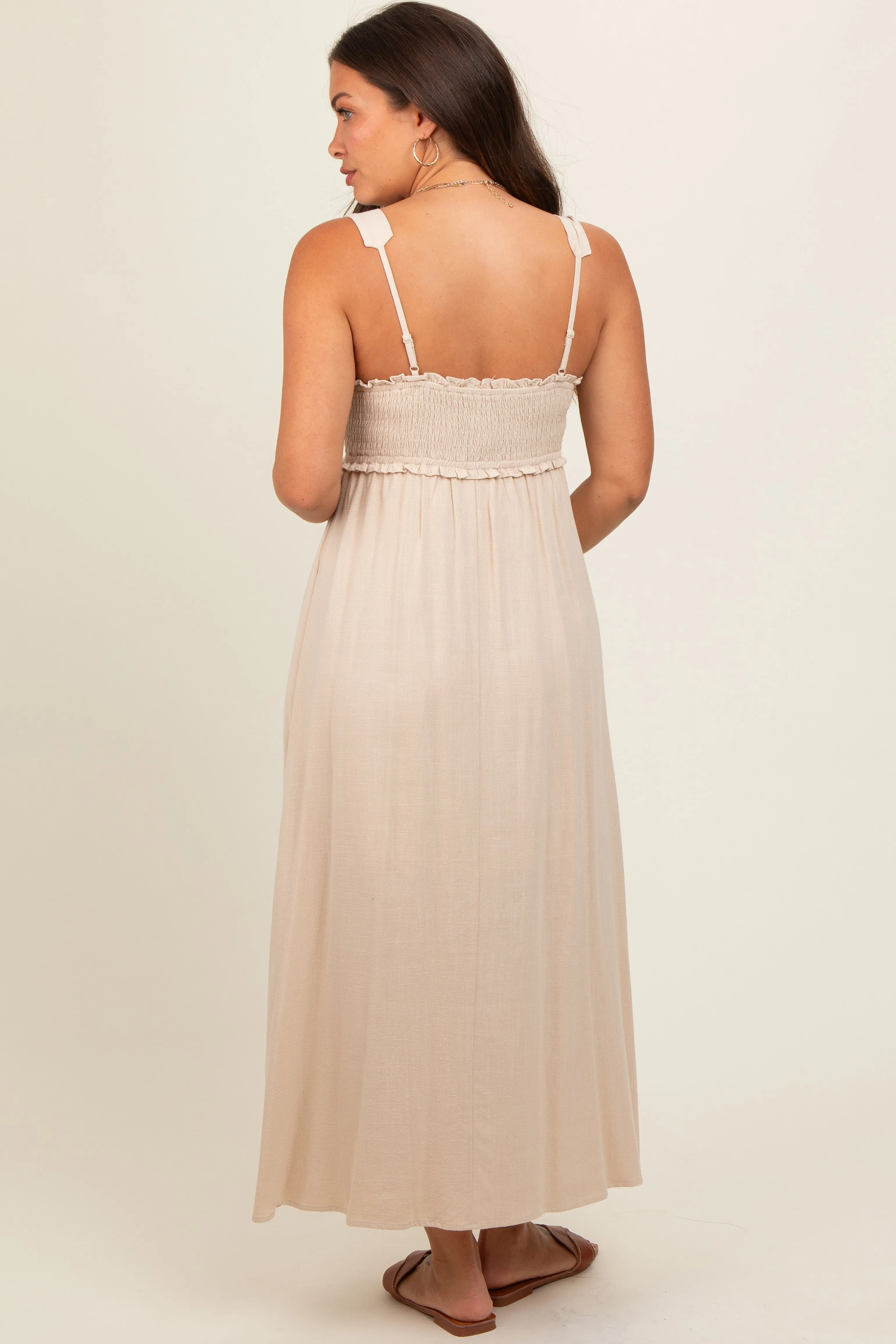 Beige Button Down Smocked Maternity Dress sold by Pinkblush product image thumbnail 4