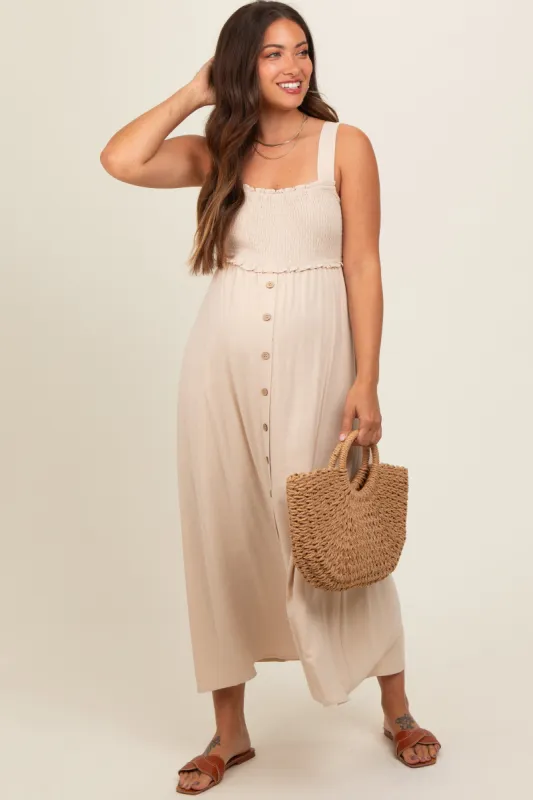 Beige Button Down Smocked Maternity Dress sold by Pinkblush