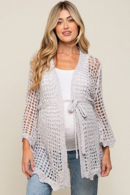 Light Grey Open Knit Waist Tie Maternity Cardigan sold by Pinkblush